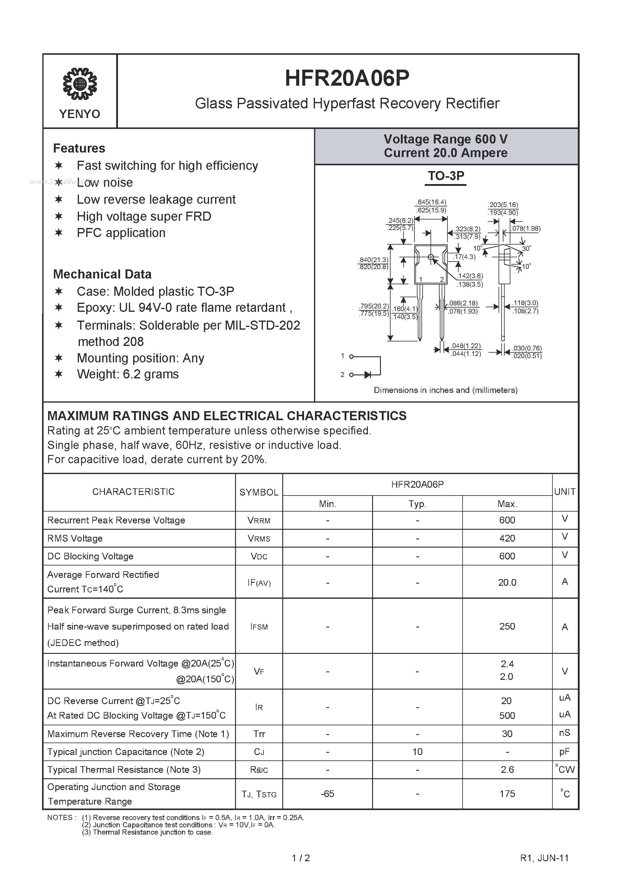 Datasheet HFR20A06P page 1 Datasheet HFR20A06P - Glass Passivated Hyperfast Recovery Rectifier page 1