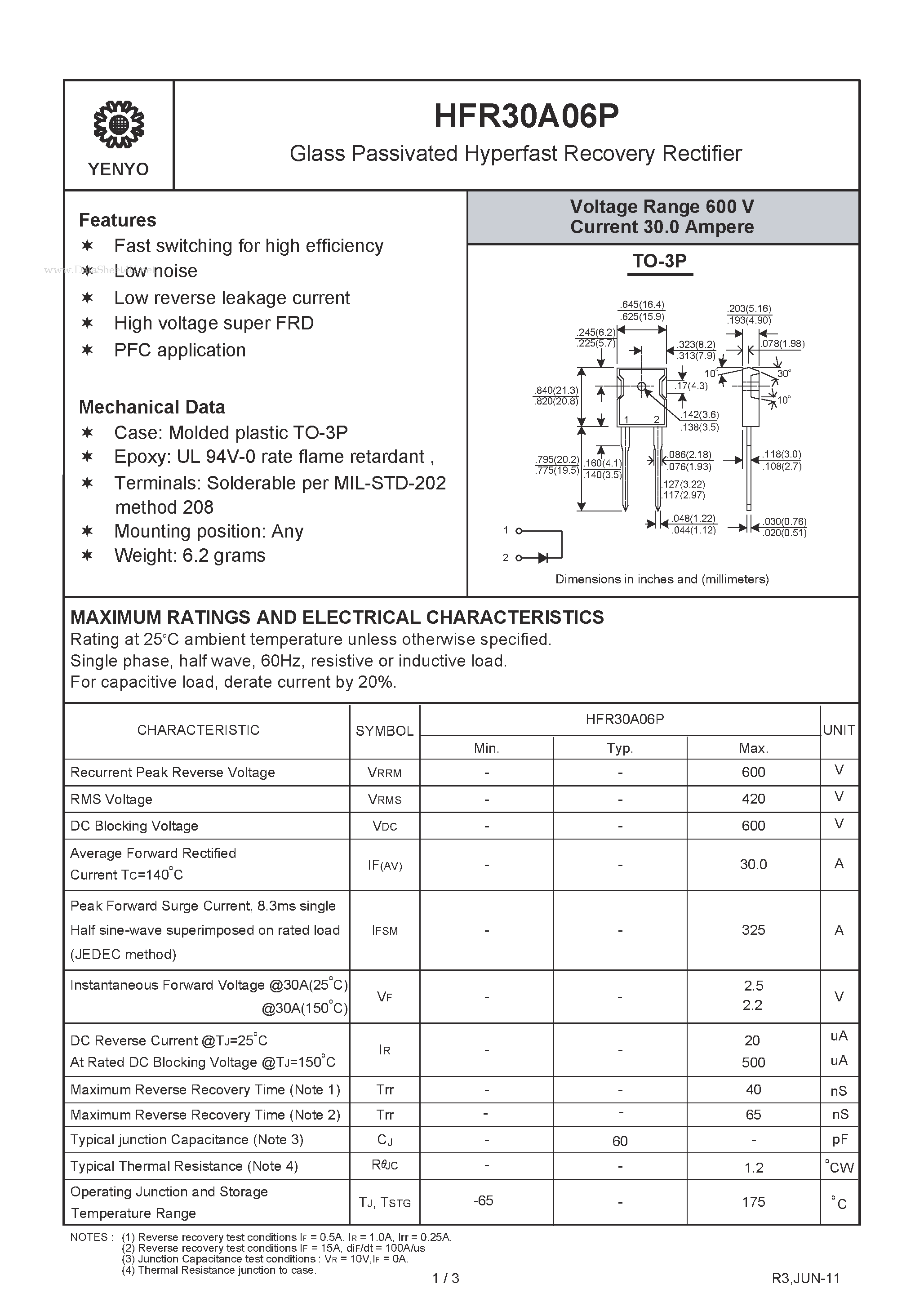 Datasheet HFR30A06P page 1 Datasheet HFR30A06P - Glass Passivated Hyperfast Recovery Rectifier page 1