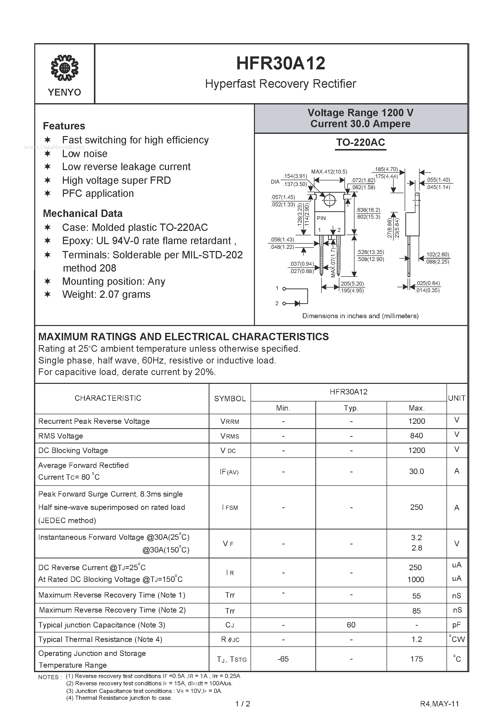 Datasheet HFR30A12 page 1 Datasheet HFR30A12 - Hyperfast Recovery Rectifier page 1