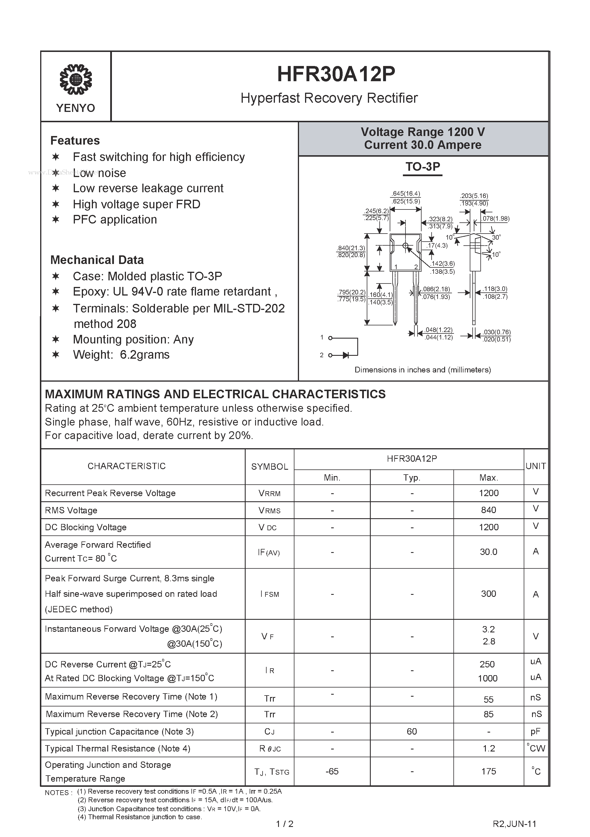 Datasheet HFR30A12P page 1 Datasheet HFR30A12P - Hyperfast Recovery Rectifier page 1