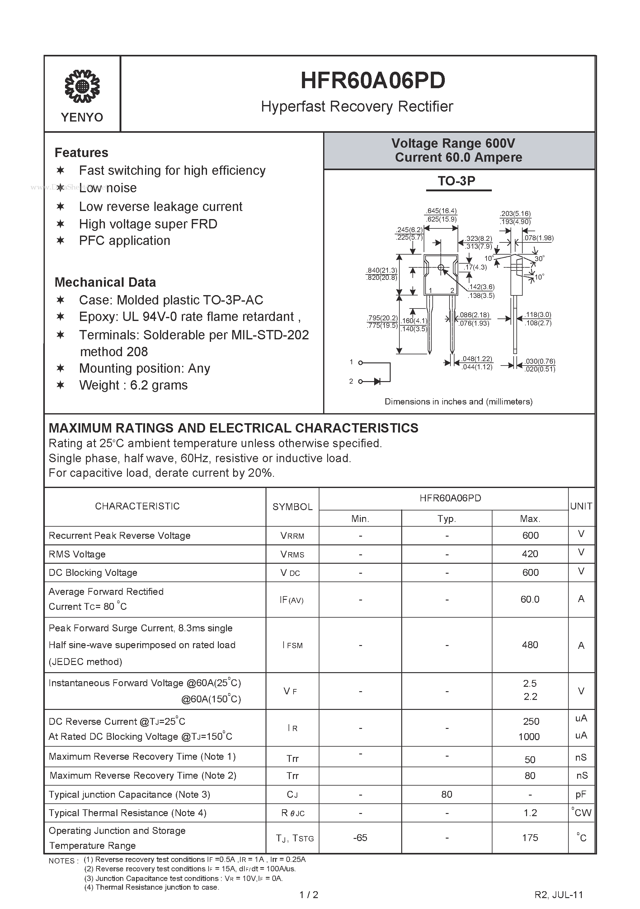 Datasheet HFR60A06PD page 1 Datasheet HFR60A06PD - Hyperfast Recovery Rectifier page 1