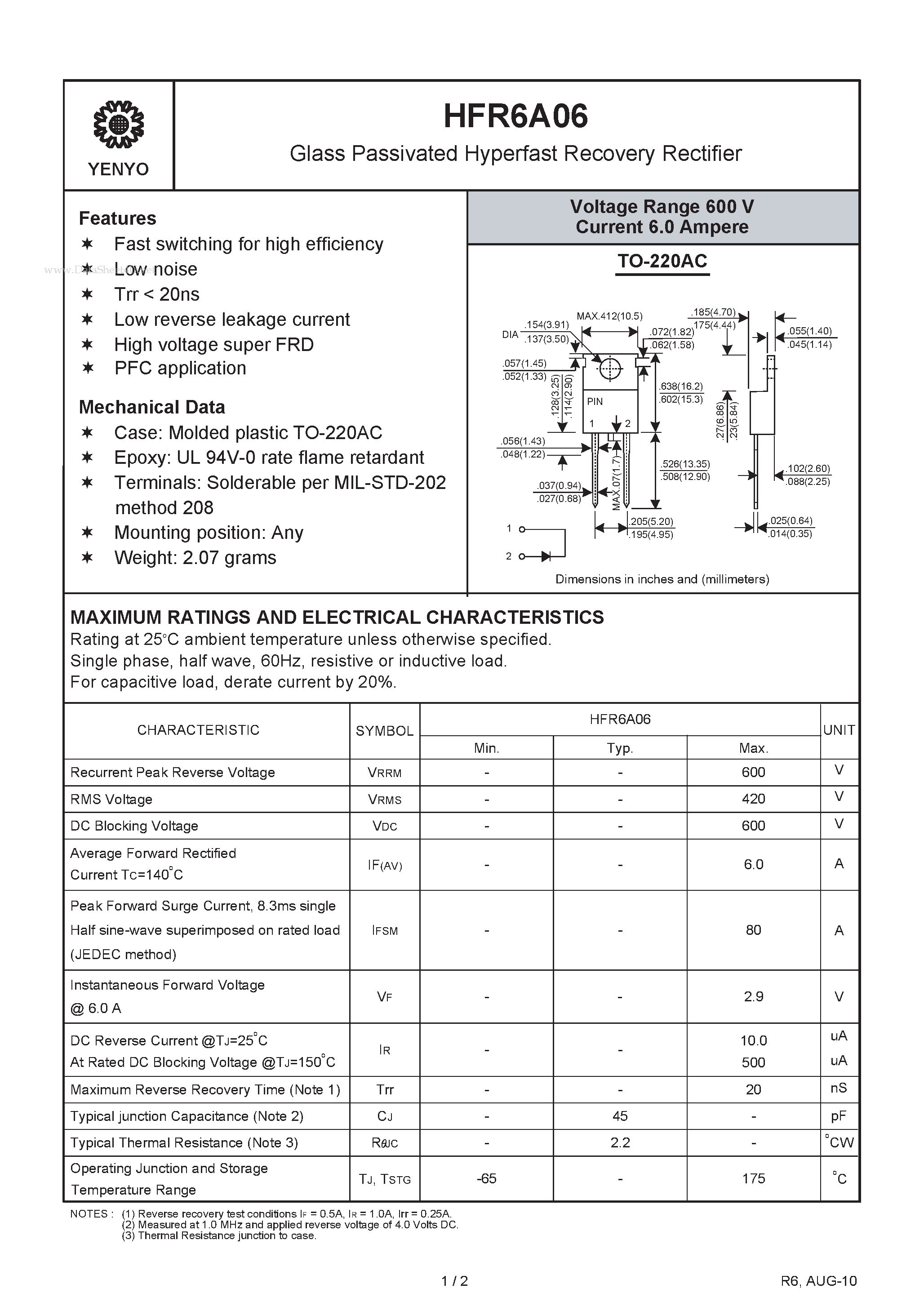 Datasheet HFR6A06 page 1 Datasheet HFR6A06 - Glass Passivated Hyperfast Recovery Rectifier page 1