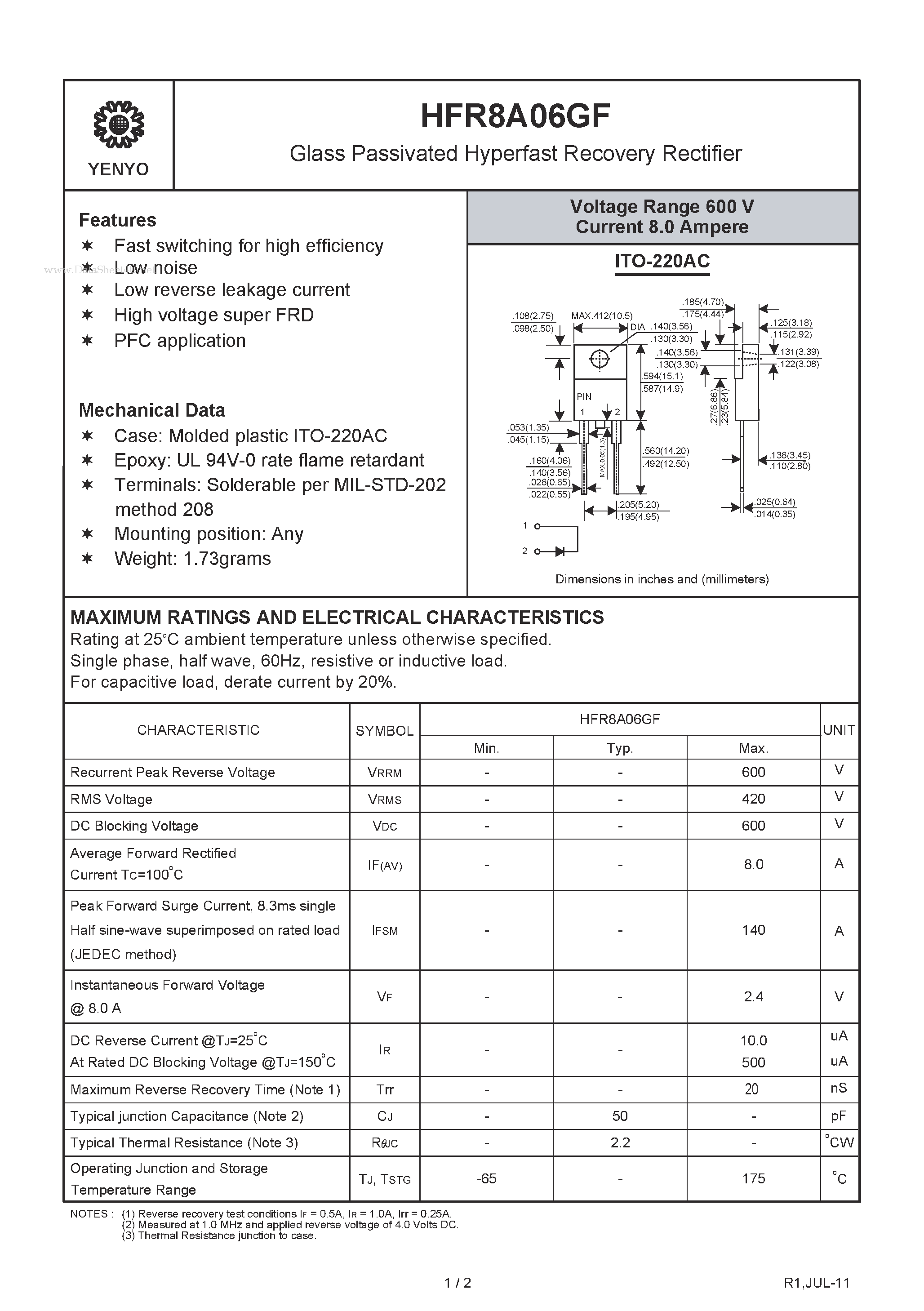 Datasheet HFR8A06GF page 1 Datasheet HFR8A06GF - Glass Passivated Hyperfast Recovery Rectifier page 1