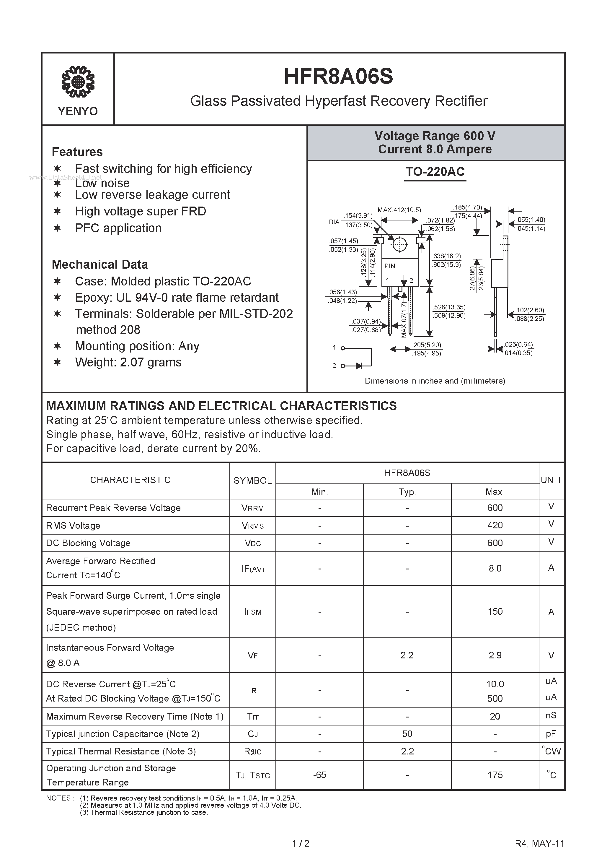 Datasheet HFR8A06S page 1 Datasheet HFR8A06S - Glass Passivated Hyperfast Recovery Rectifier page 1