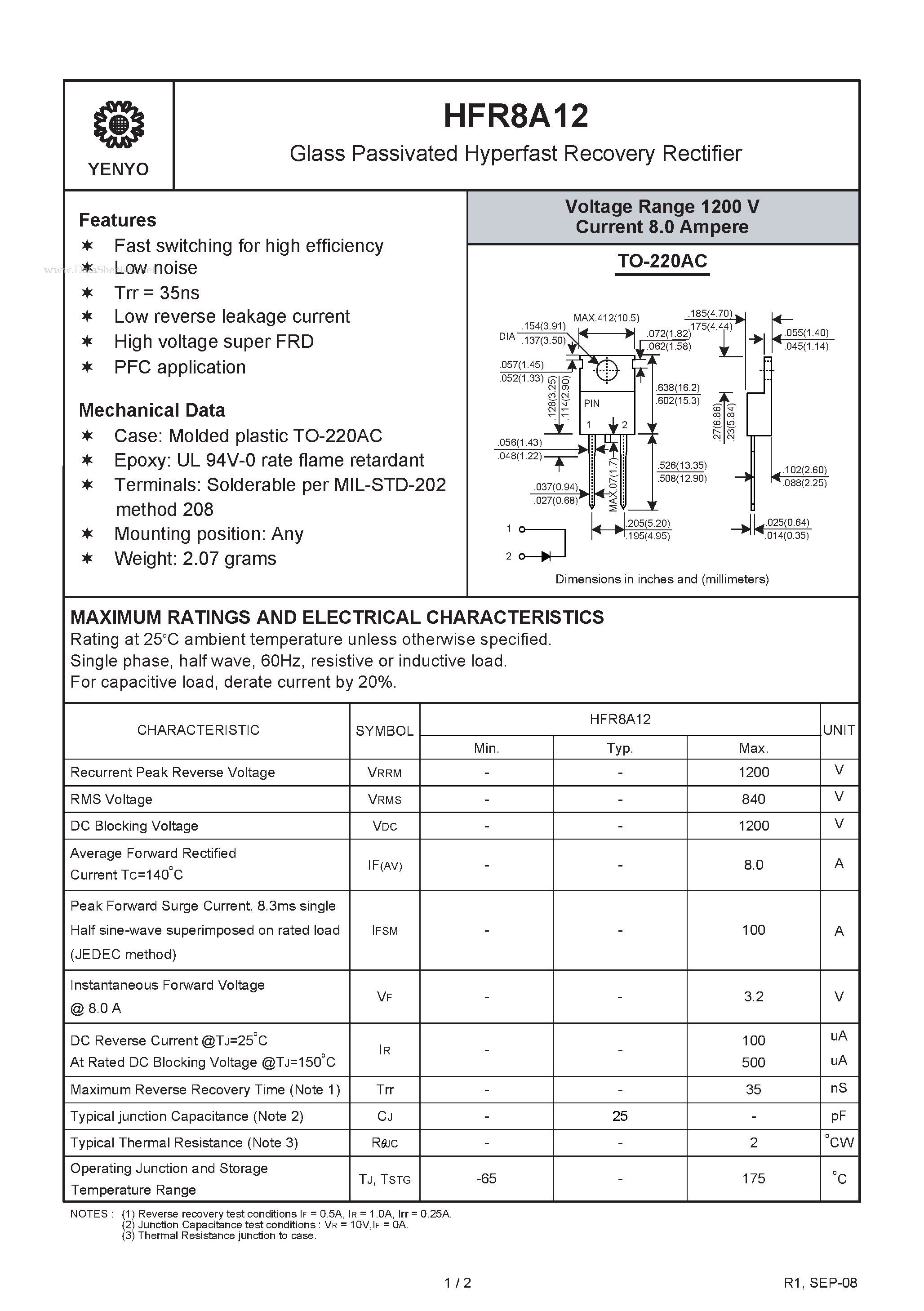 Datasheet HFR8A12 page 1 Datasheet HFR8A12 - Glass Passivated Hyperfast Recovery Rectifier page 1