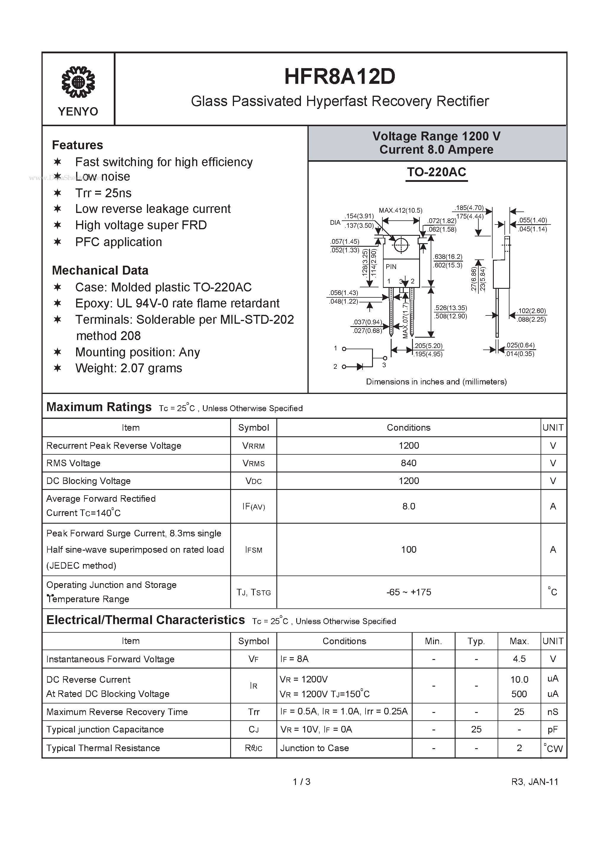 Datasheet HFR8A12D page 1 Datasheet HFR8A12D - Glass Passivated Hyperfast Recovery Rectifier page 1