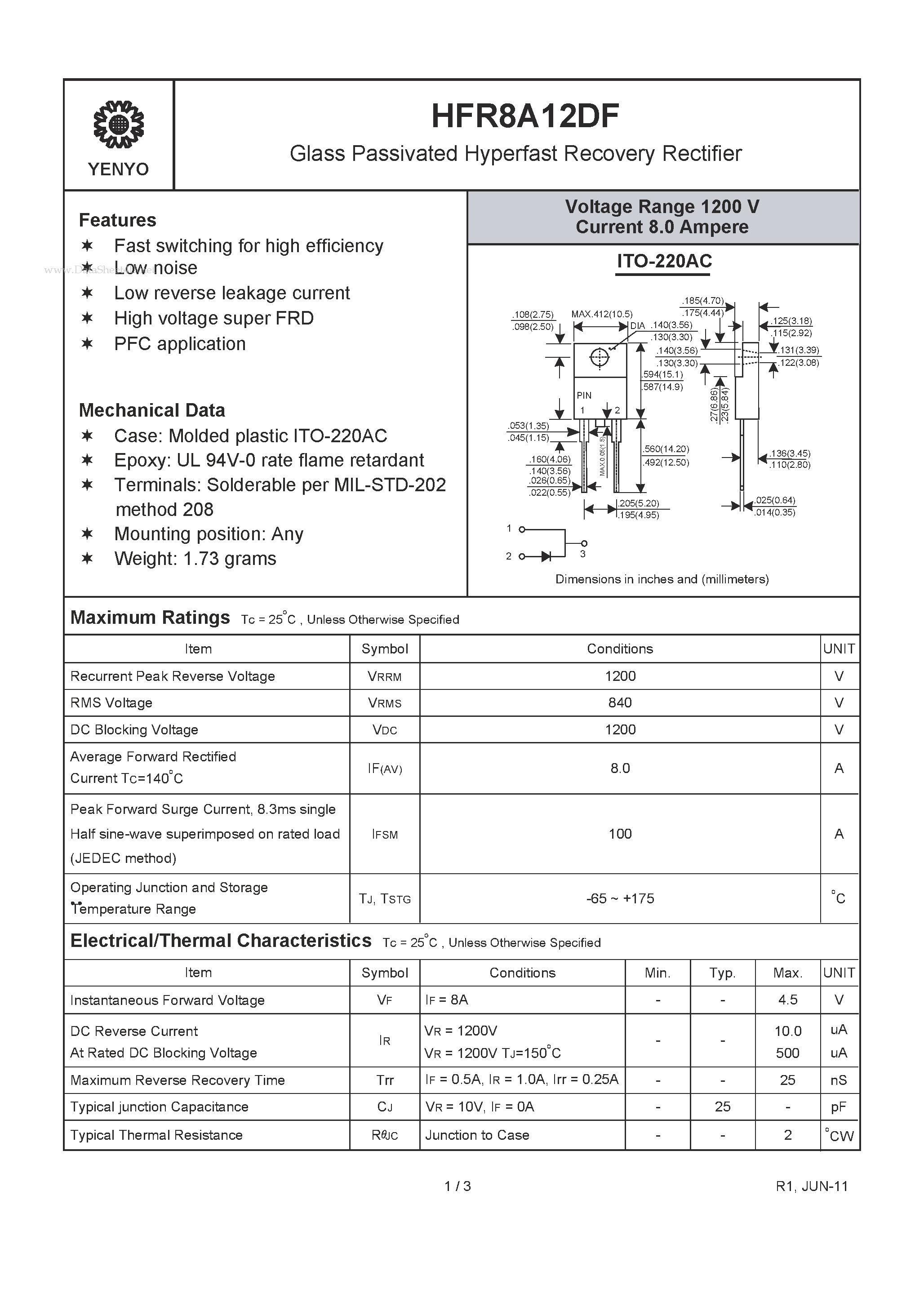Datasheet HFR8A12DF page 1 Datasheet HFR8A12DF - Glass Passivated Hyperfast Recovery Rectifier page 1