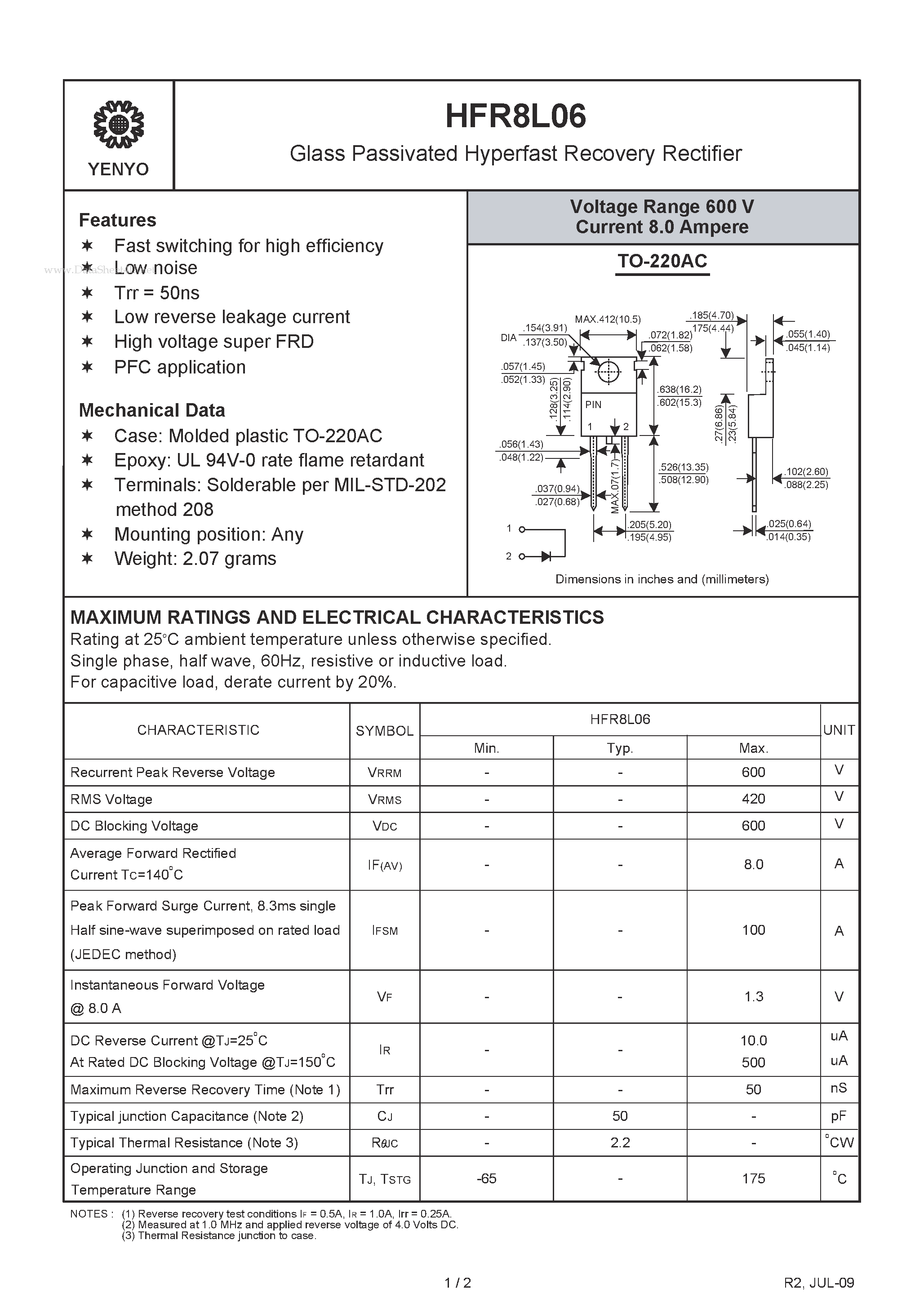 Datasheet HFR8L06 page 1 Datasheet HFR8L06 - Glass Passivated Hyperfast Recovery Rectifier page 1