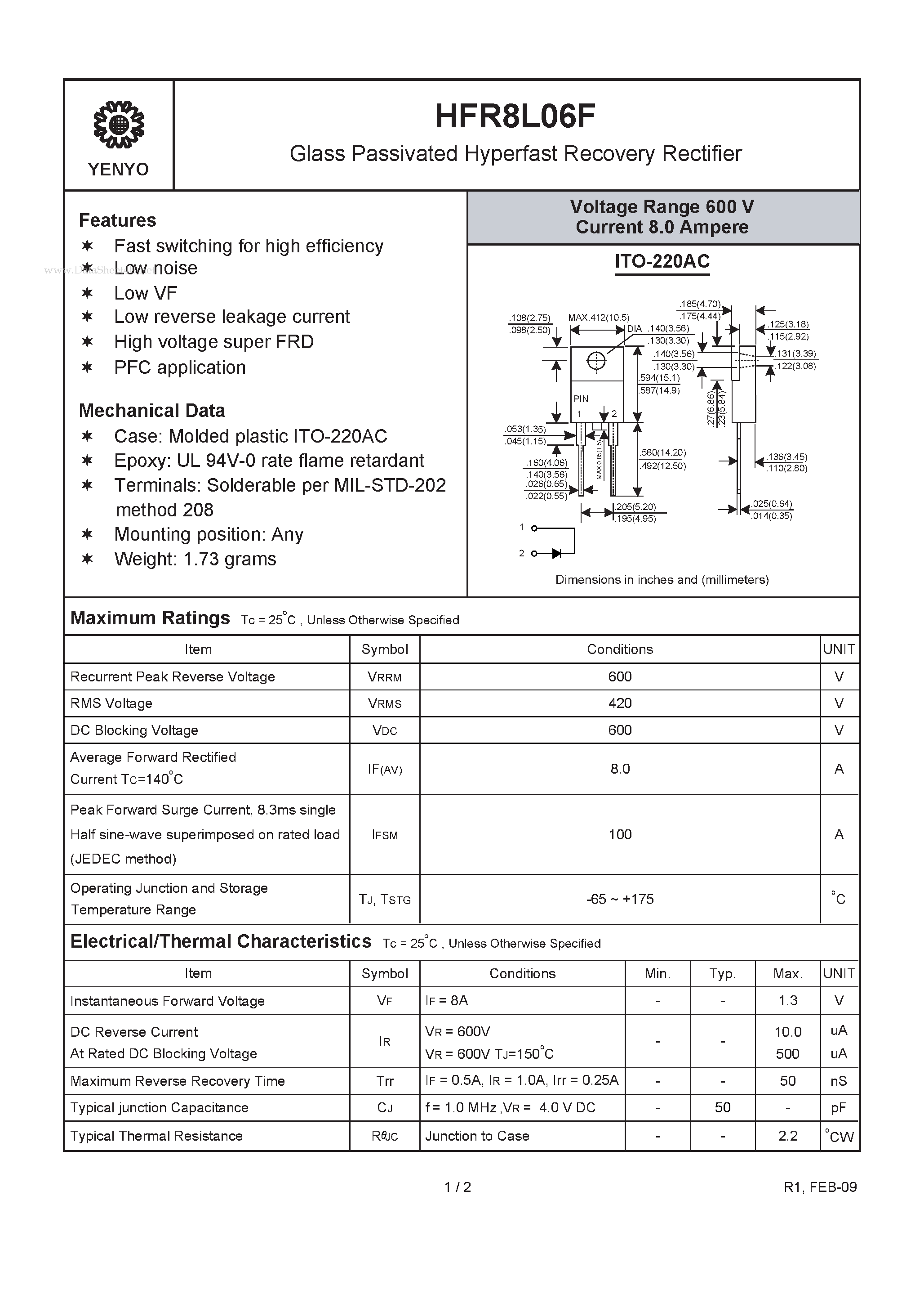 Datasheet HFR8L06F page 1 Datasheet HFR8L06F - Glass Passivated Hyperfast Recovery Rectifier page 1