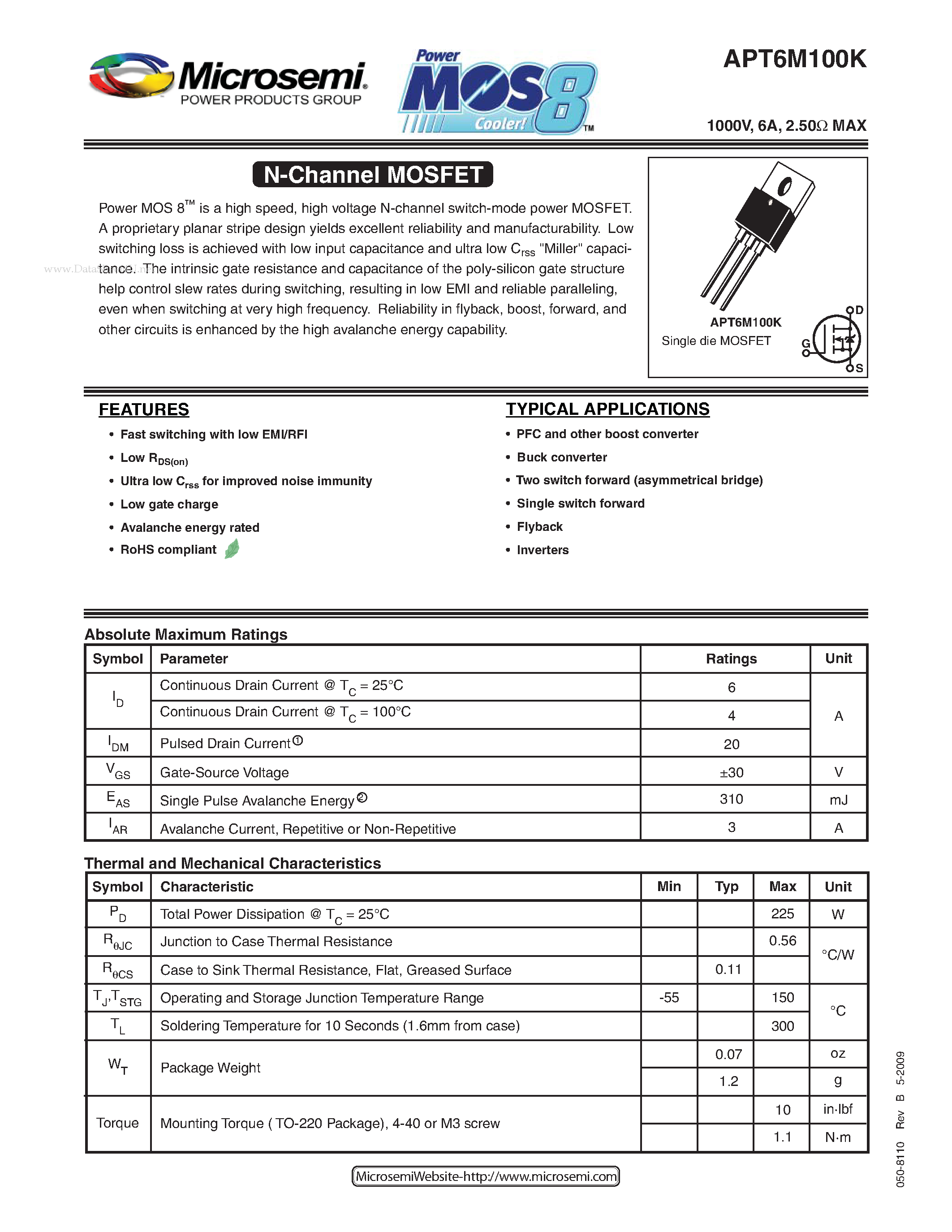 Datasheet APT6M100K - N-Channel MOSFET page 1