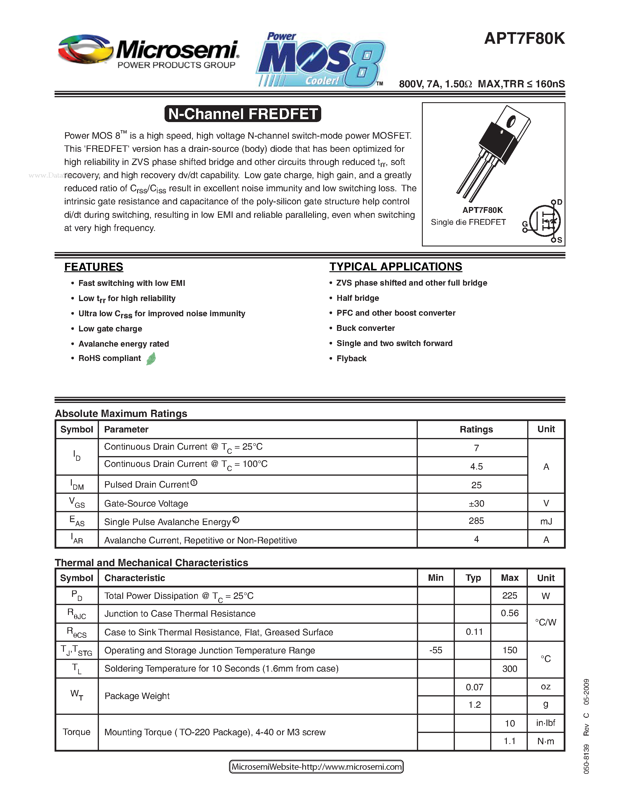Datasheet APT7F80K - N-Channel FREDFET page 1