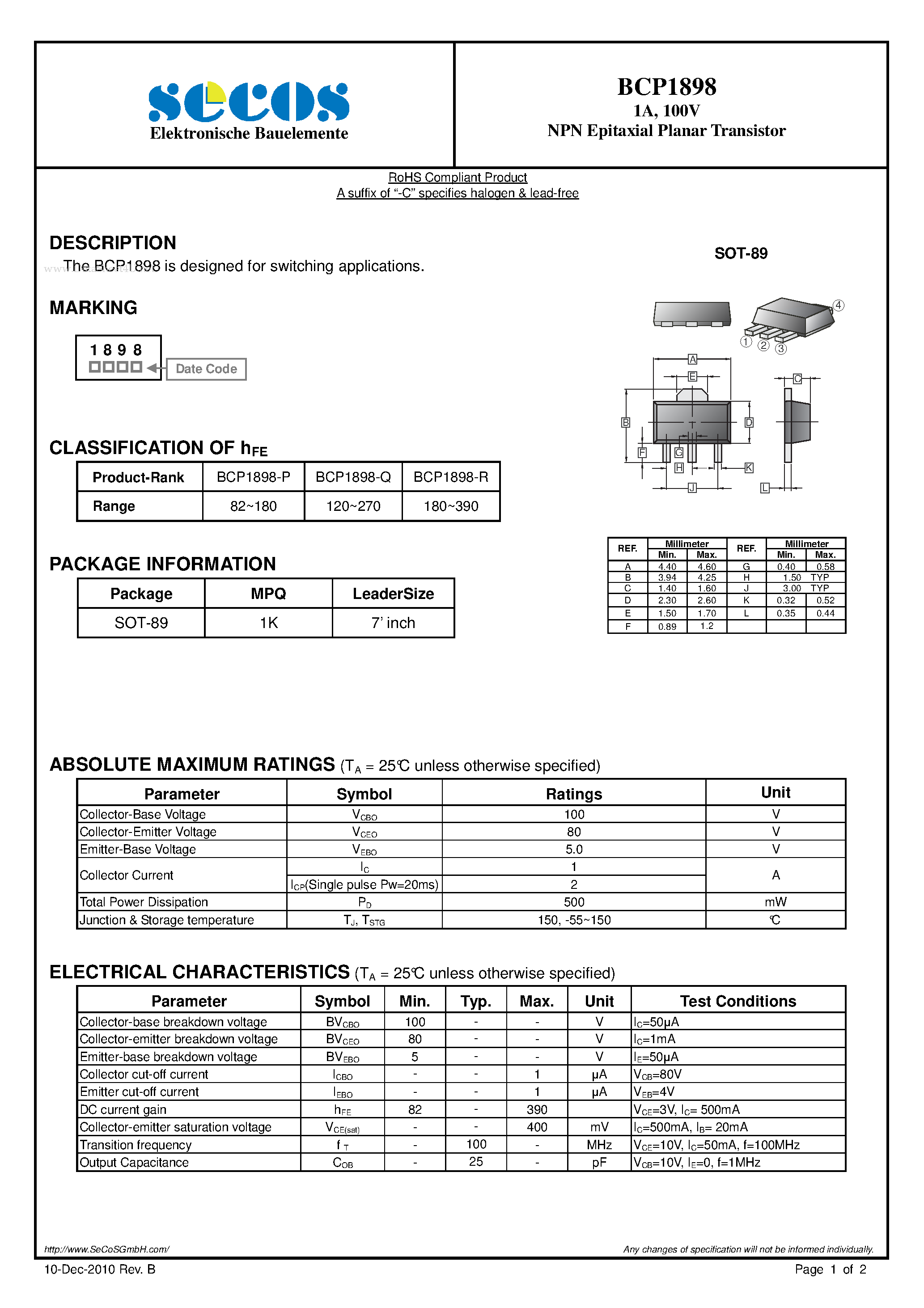 Даташит BCP1898 - NPN Epitaxial Planar Transistor страница 1