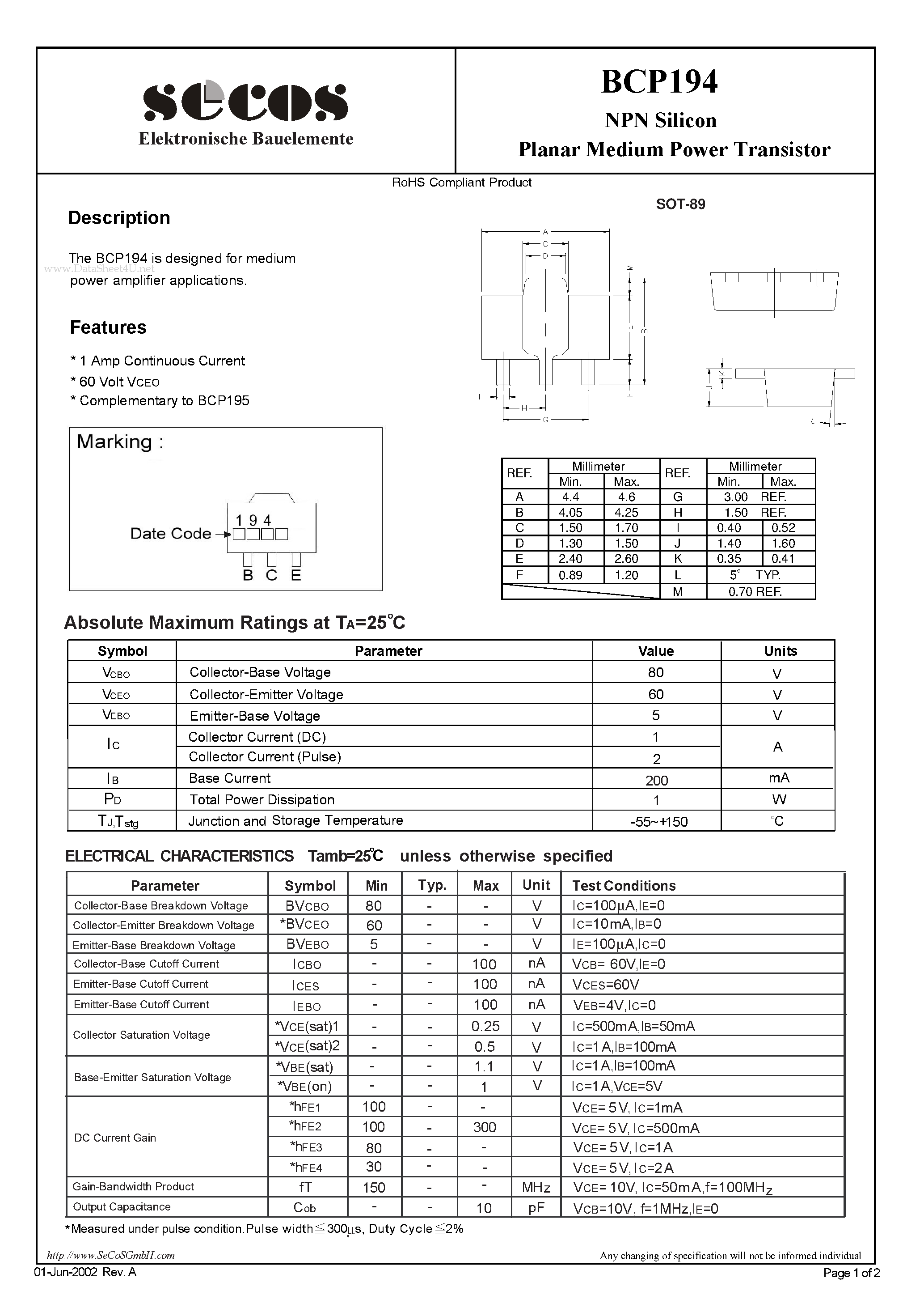 Даташит BCP194-Planar Medium Power Transistor страница 1