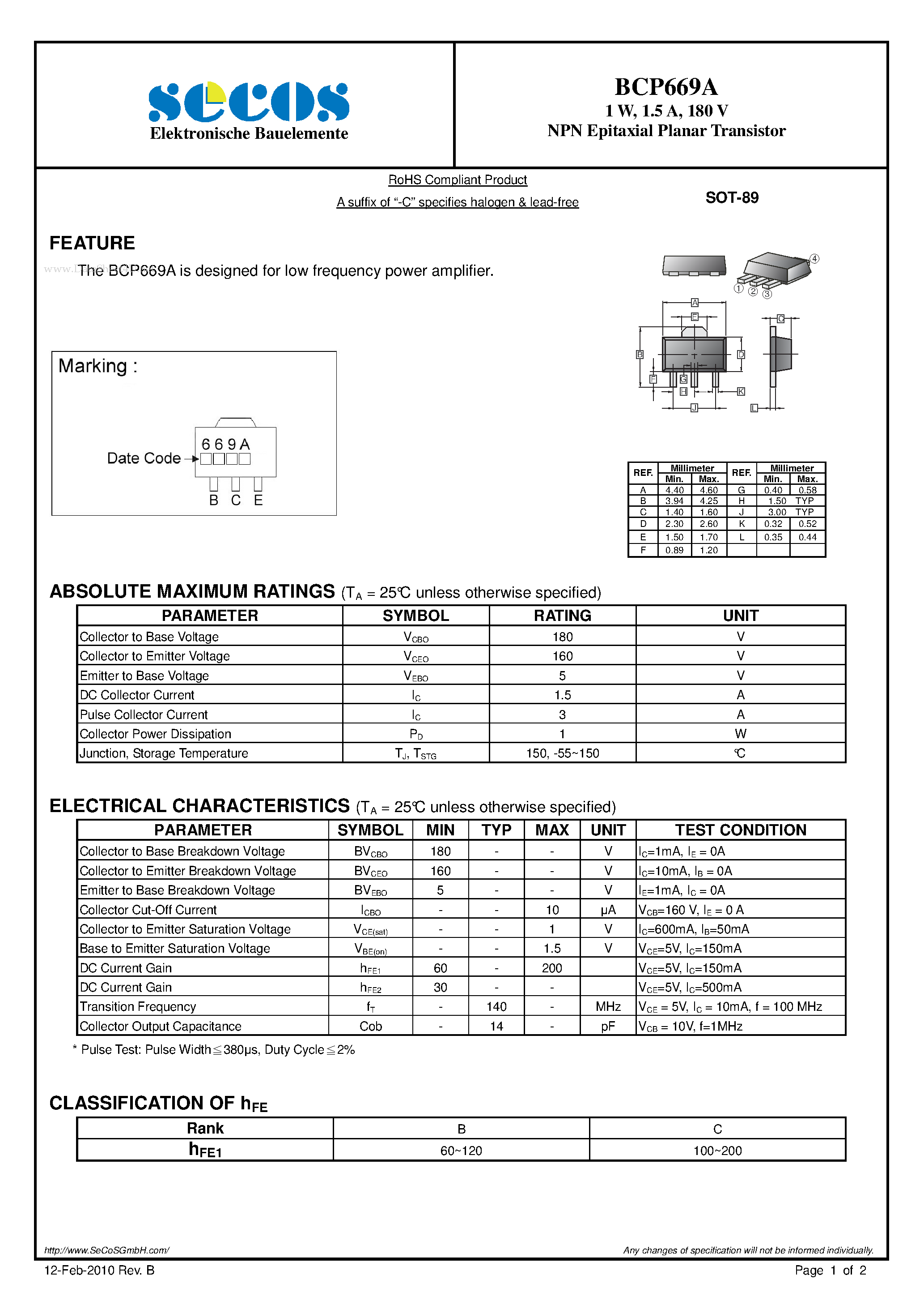 Даташит BCP669A - NPN Epitaxial Planar Transistor страница 1