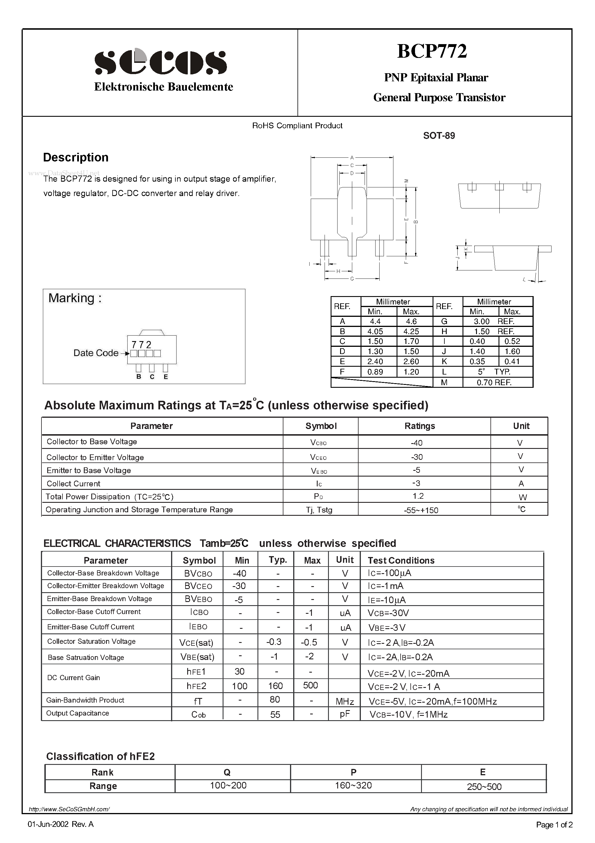 Datasheet BCP772 - General Purpose Transistor page 1