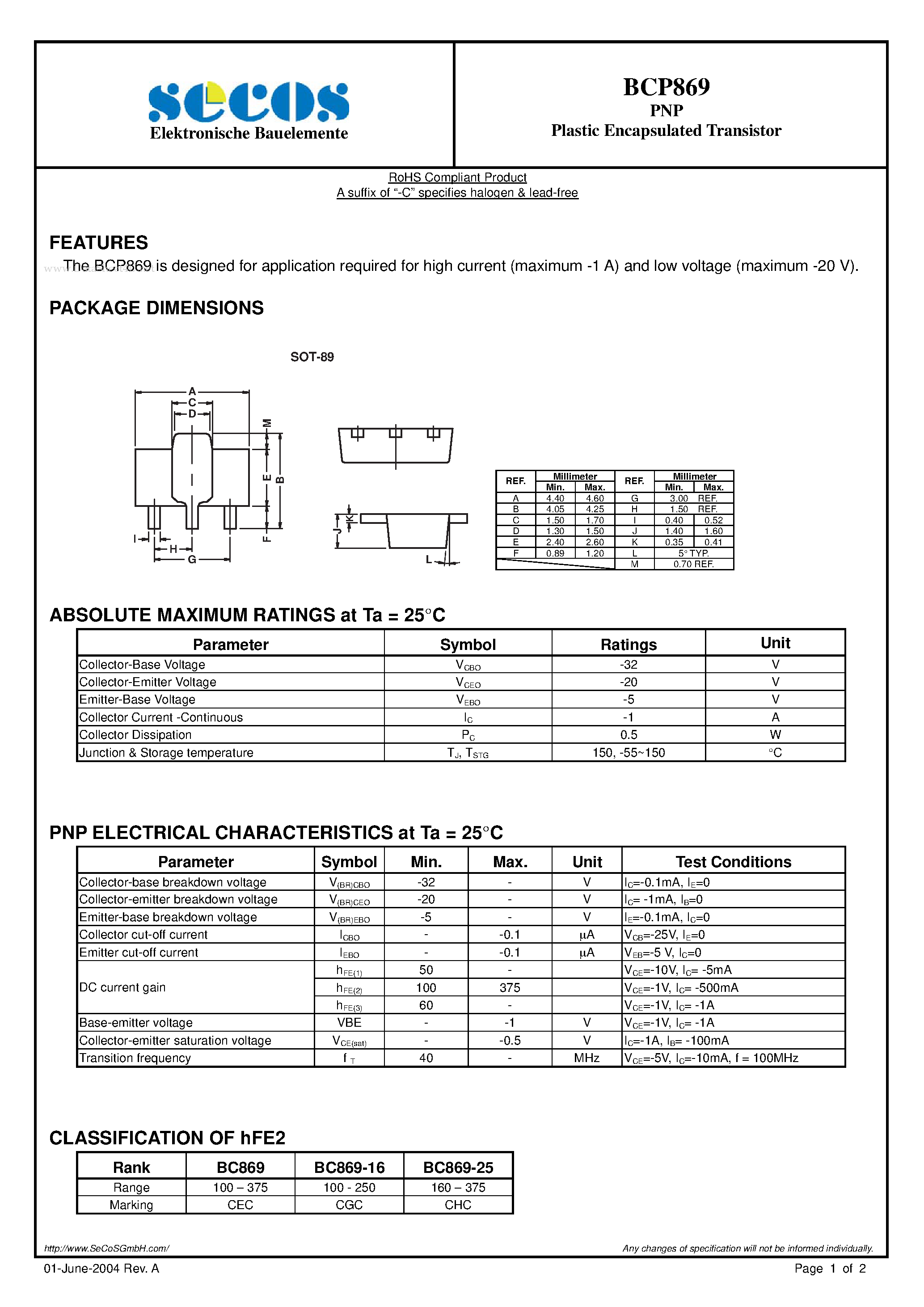 Datasheet BCP869 - Plastic Encapsulated Transistor page 1