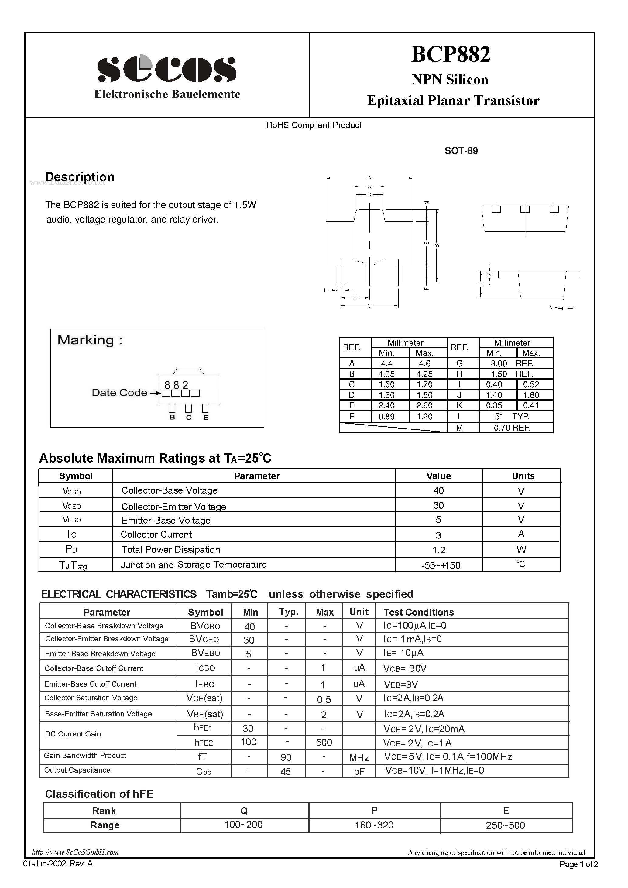 Даташит на микросхему BCP882 страница 1 Даташит BCP882 - Epitaxial Planar Transistor страница 1