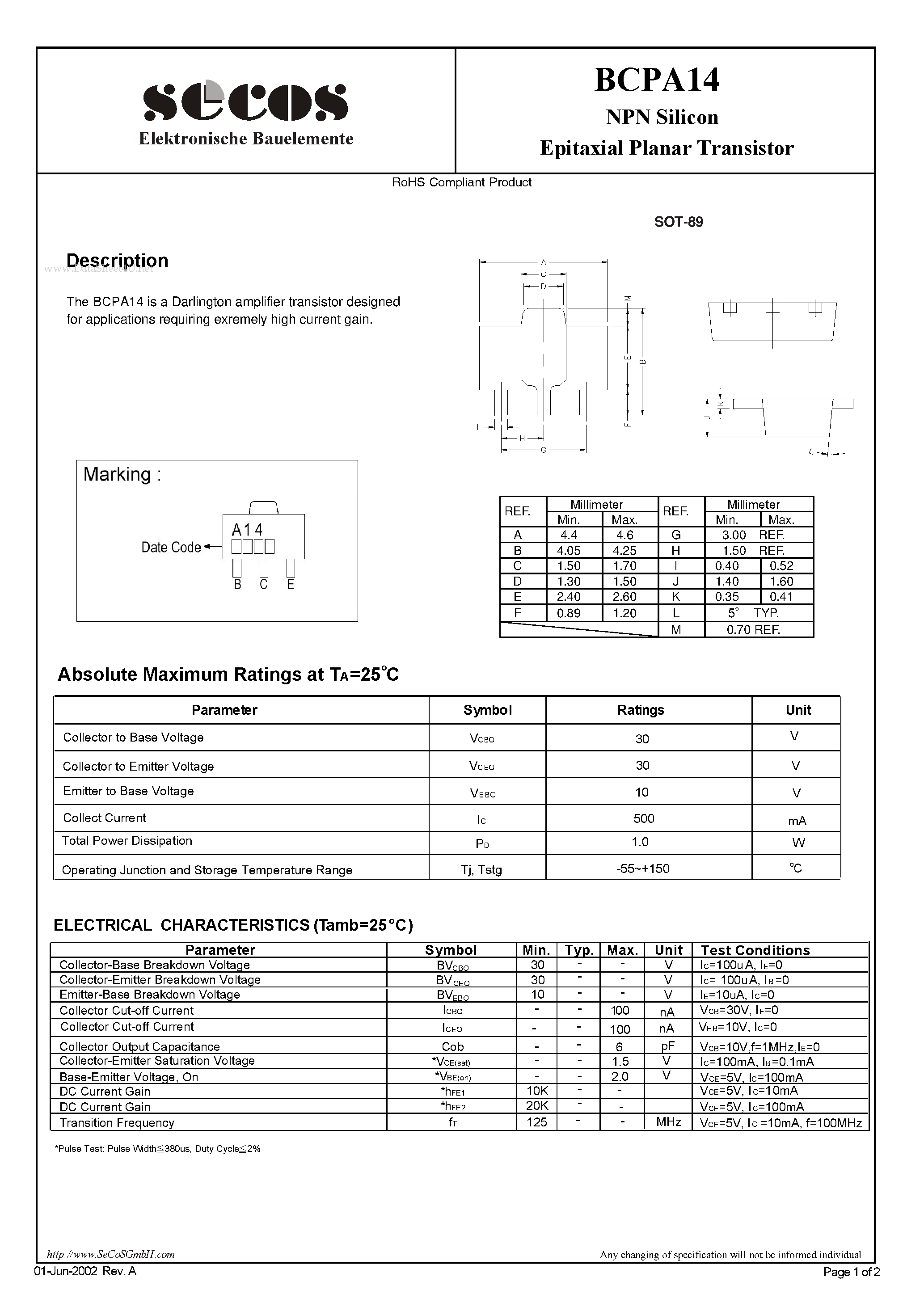 Даташит BCPA14 - Epitaxial Planar Transistor страница 1