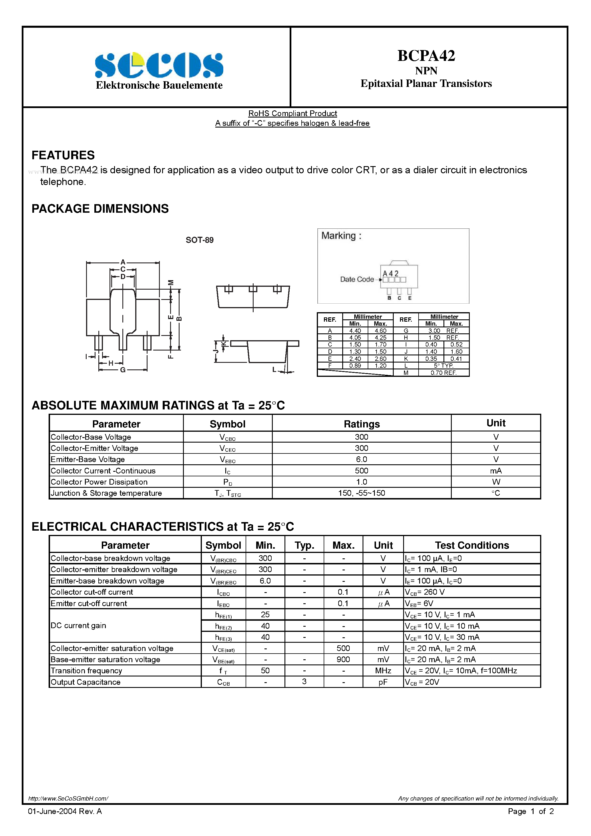 Даташит BCPA42 - Epitaxial Planar Transistors страница 1