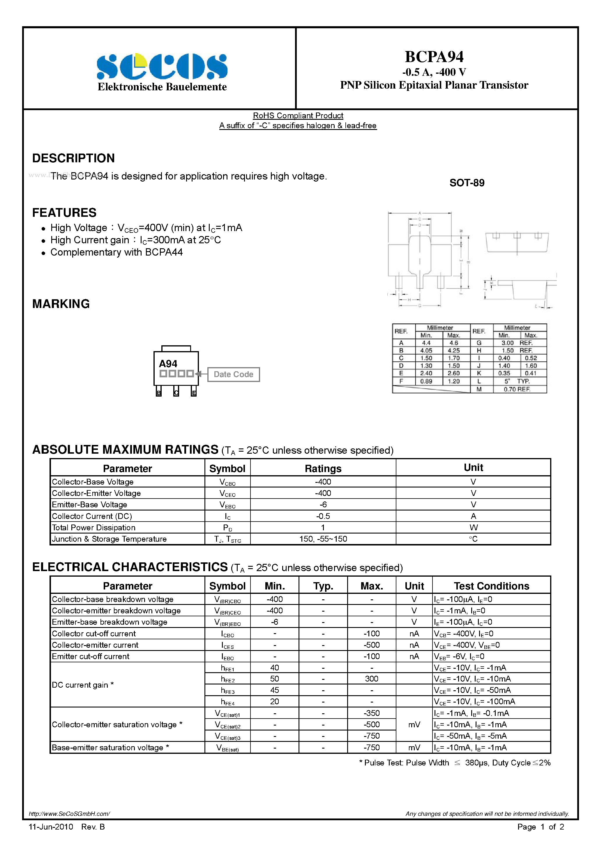 Даташит BCPA94 - PNP Silicon Epitaxial Planar Transistor страница 1