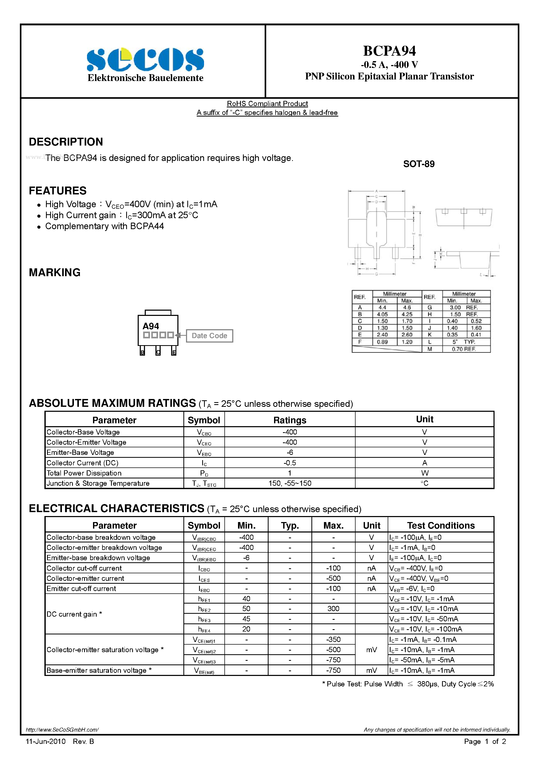 Datasheet BCPA94 - PNP Silicon Epitaxial Planar Transistor page 1