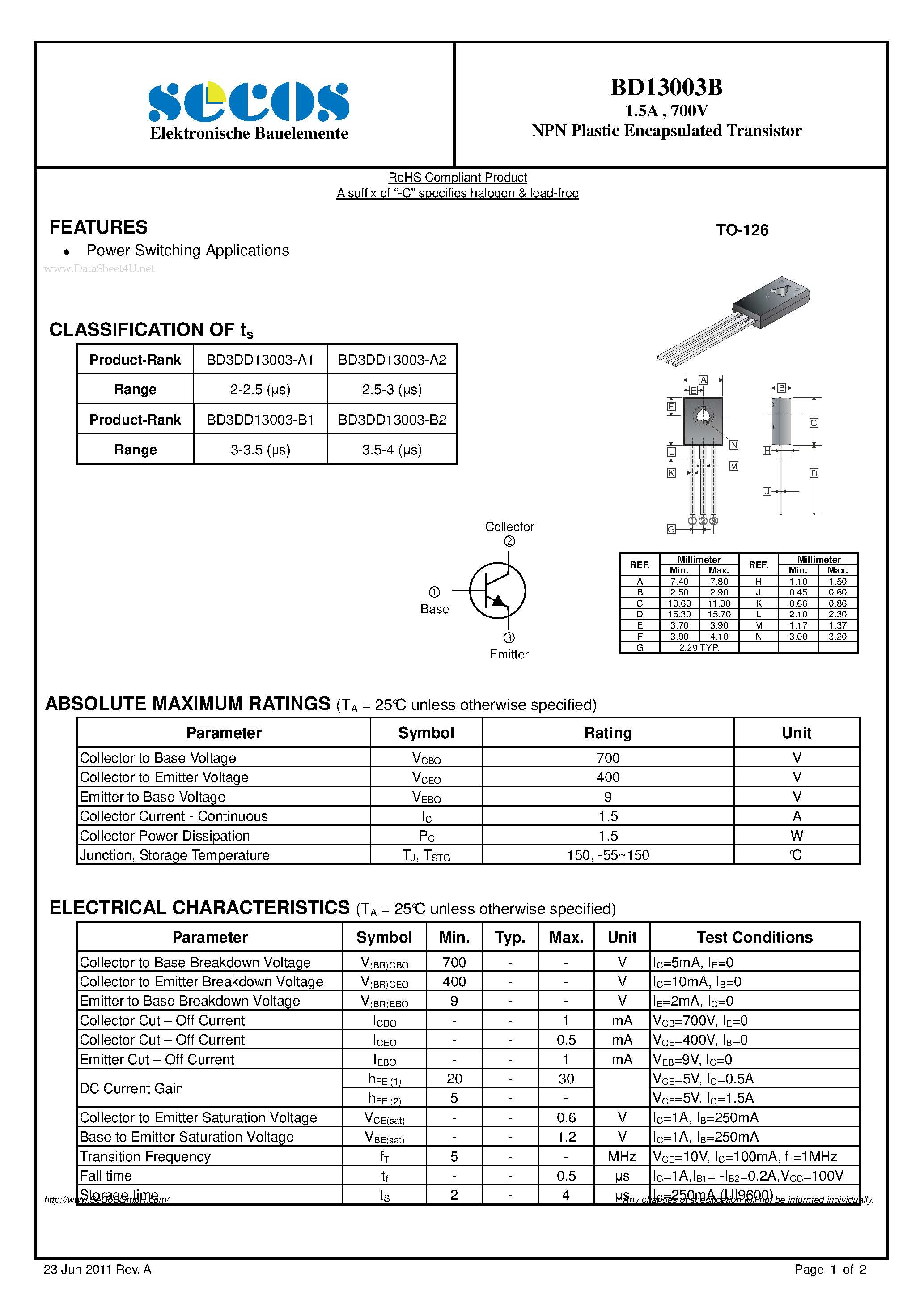 Datasheet BD13003B page 1 Datasheet BD13003B - NPN Plastic Encapsulated Transistor page 1