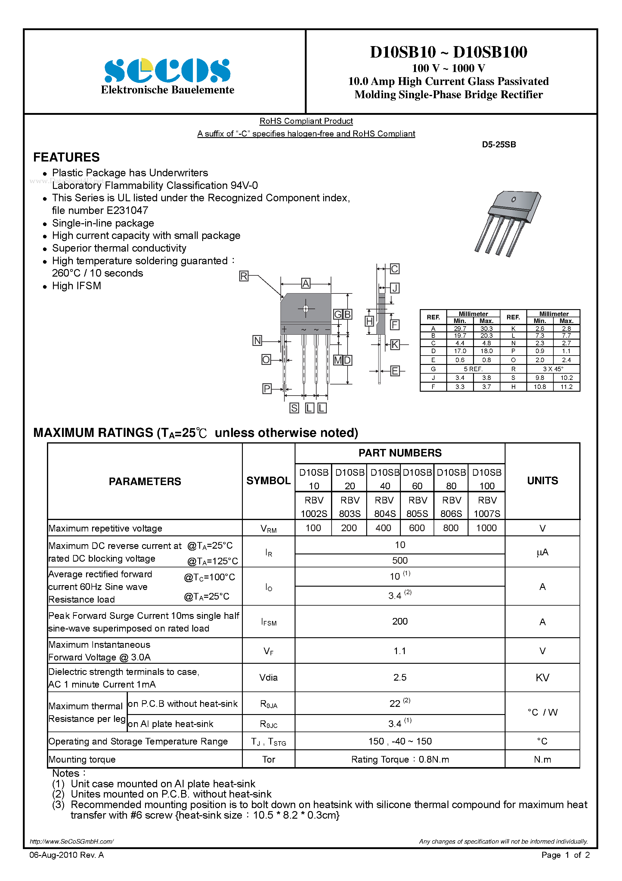 Даташит RBV1002S - Molding Single-Phase Bridge Rectifier страница 1