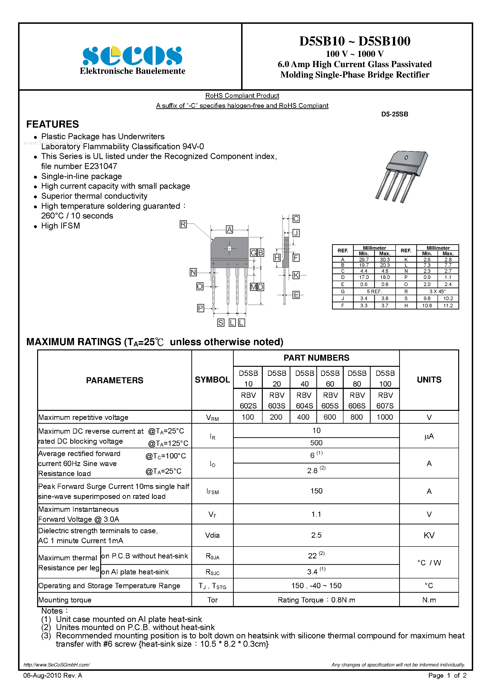 Даташит RBV602S - Molding Single-Phase Bridge Rectifier страница 1