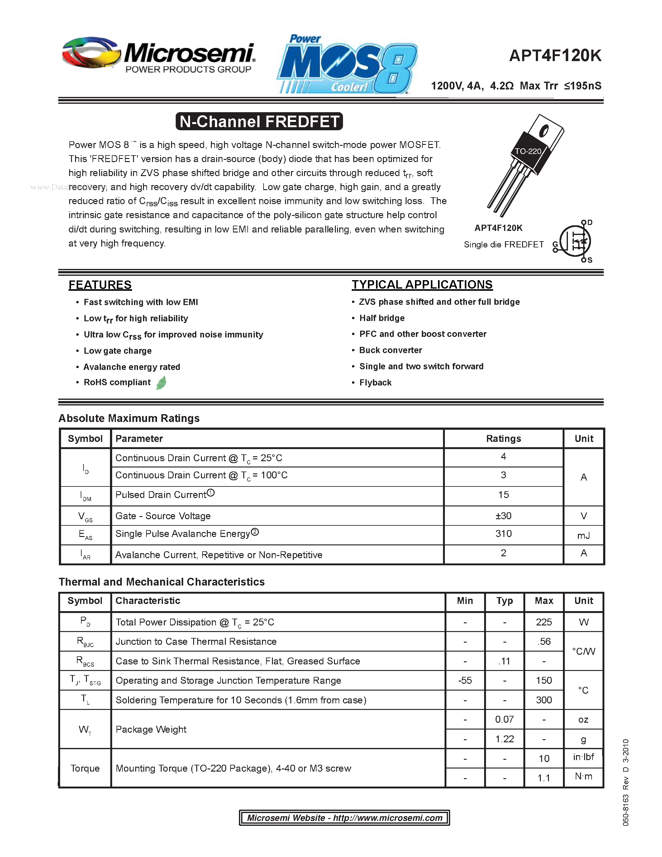 Datasheet APT4F120K - N-Channel FREDFET page 1