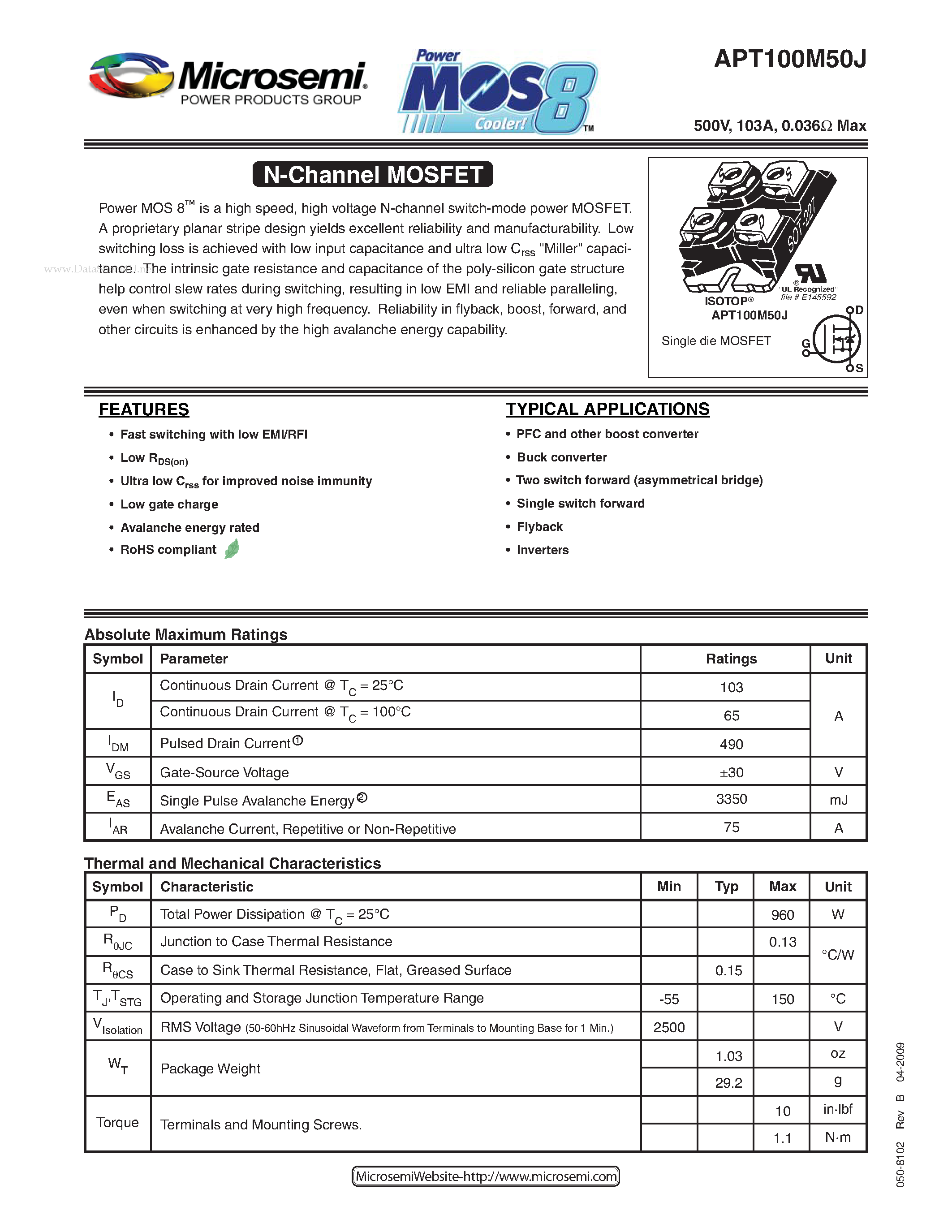 Datasheet APT100M50J - N-Channel MOSFET page 1