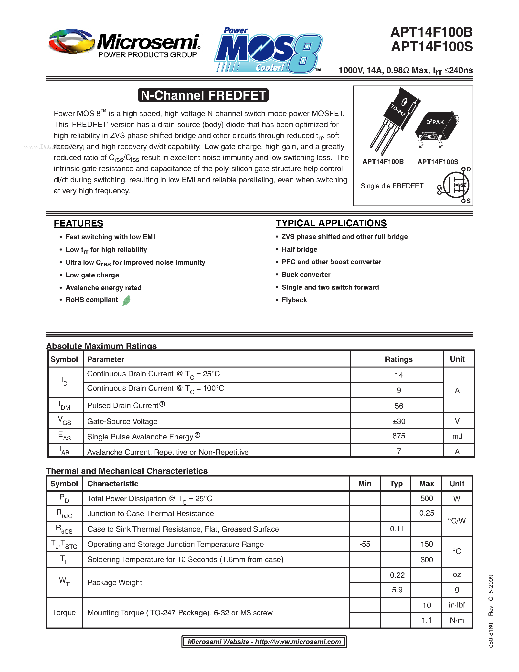 Datasheet APT14F100B - N-Channel FREDFET page 1