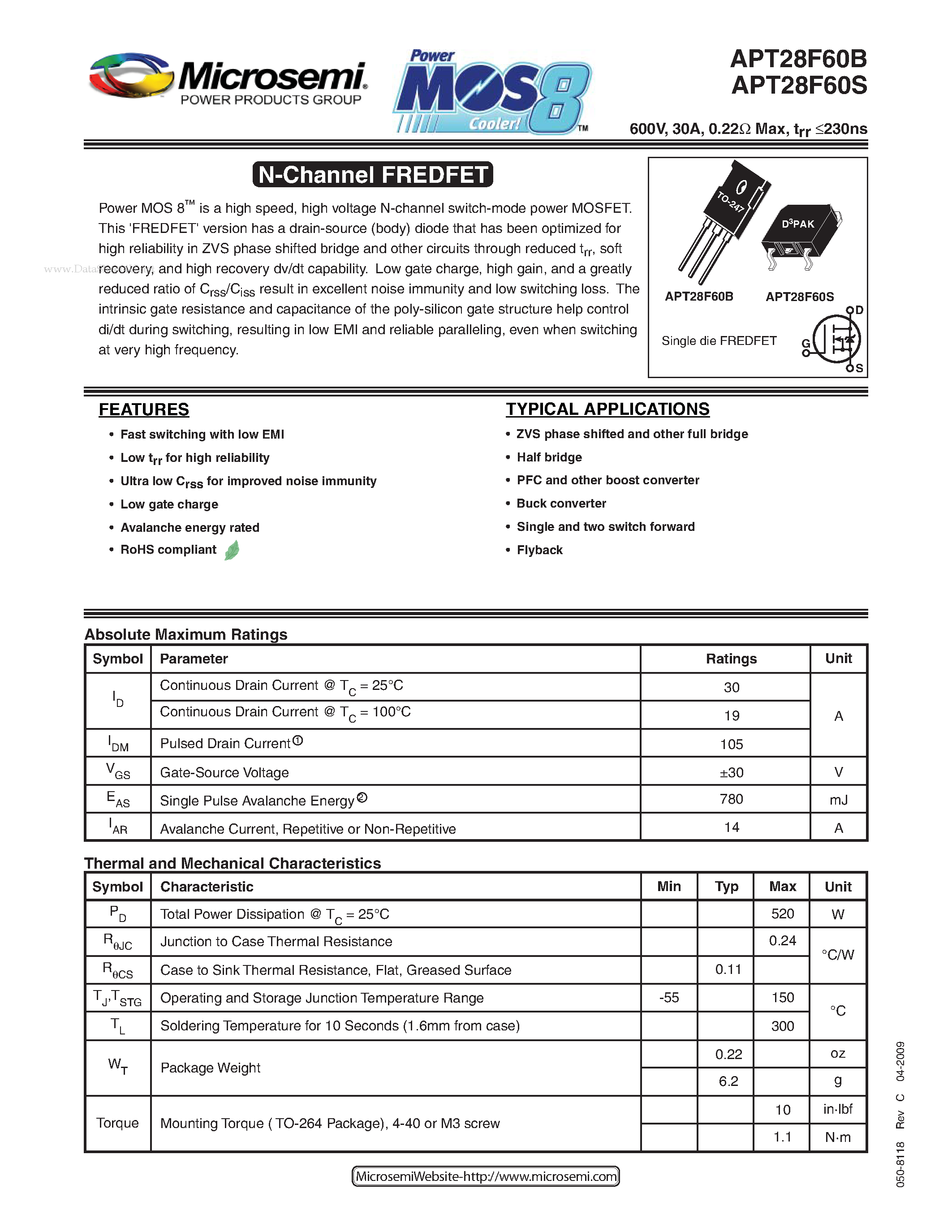 Datasheet APT28F60B - N-Channel FREDFET page 1