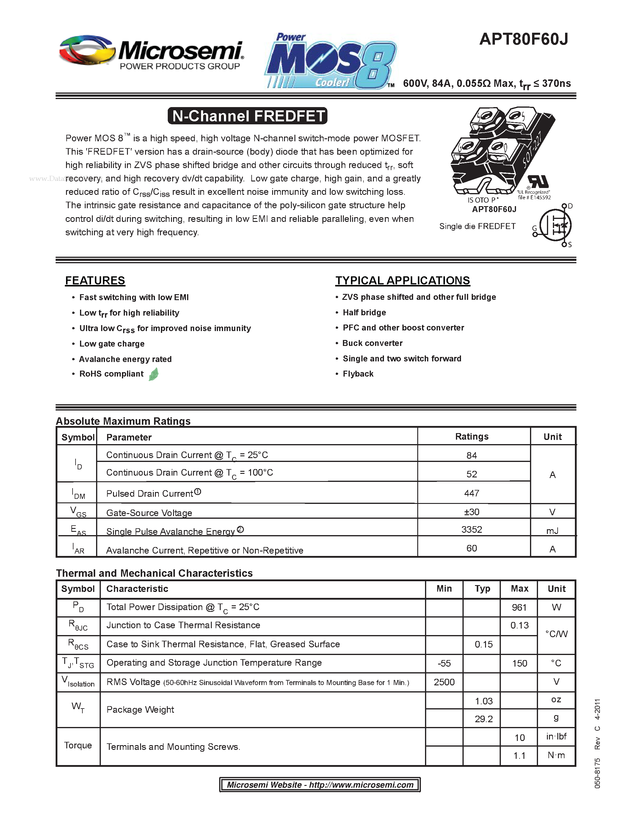 Datasheet APT80F60J - N-Channel FREDFET page 1