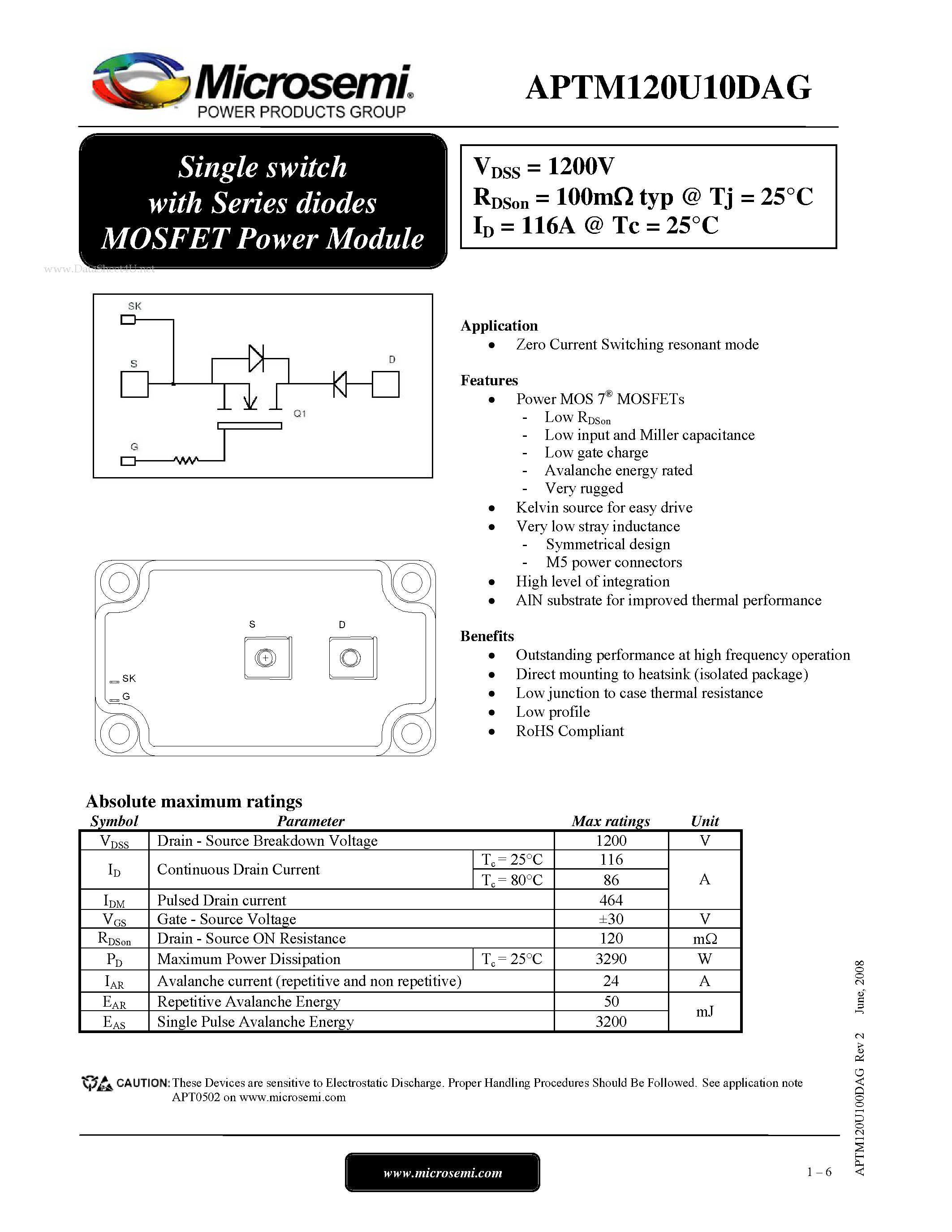 Даташит APTM120U10DAG - Single switch with Series diodes MOSFET Power Module страница 1