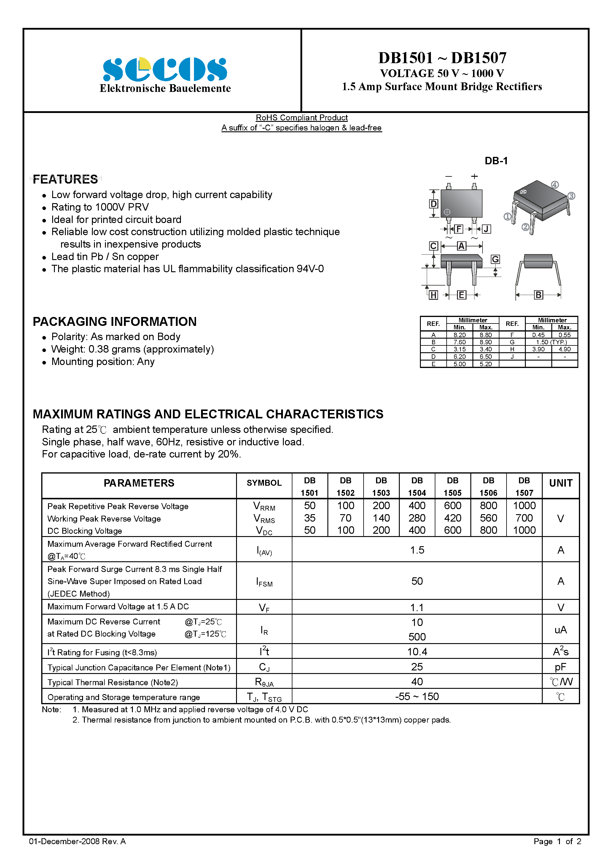 Datasheet DB1501 - (DB1501 - DB1507) 1.5 Amp Surface Mount Bridge Rectifiers page 1