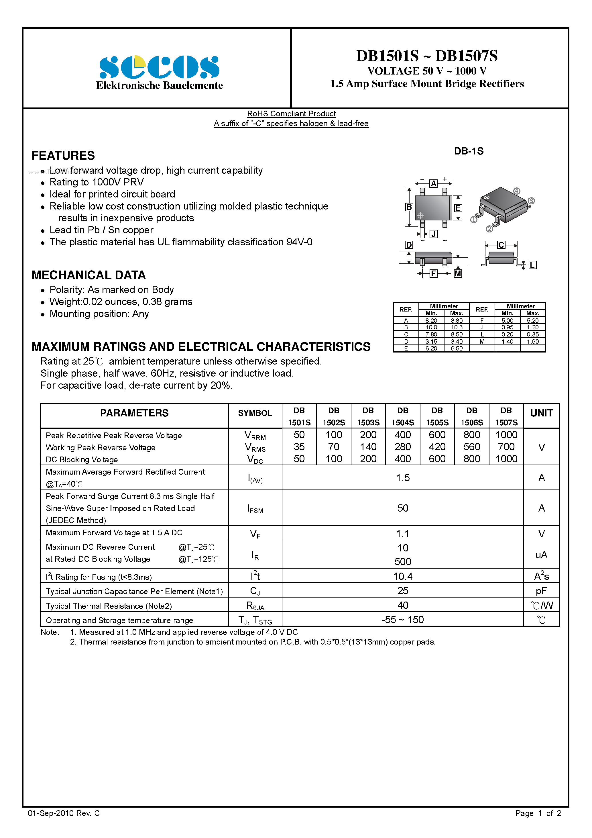 Datasheet DB1501S - (DB1501S - DB1507S) 1.5 Amp Surface Mount Bridge Rectifiers page 1