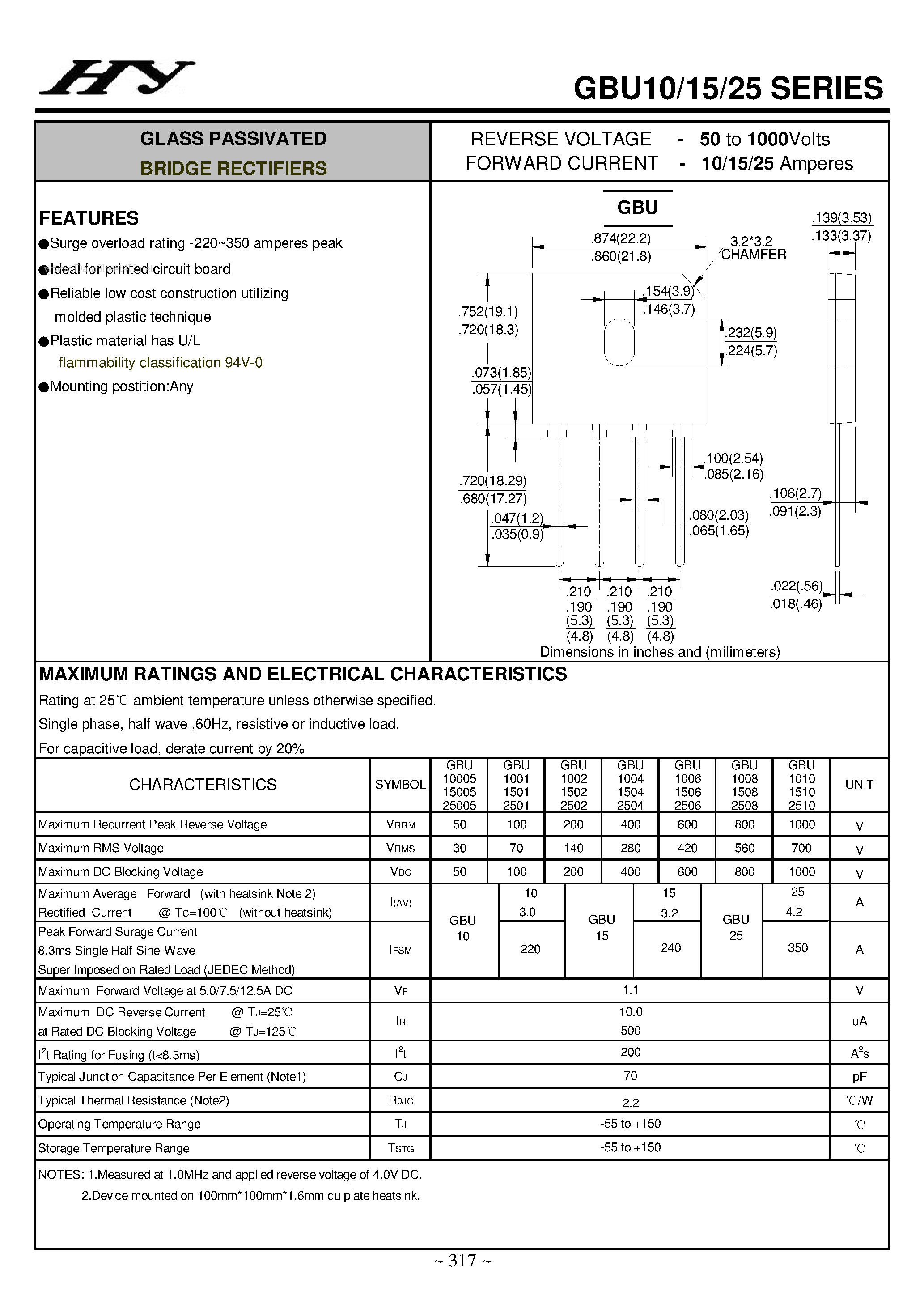 Datasheet GBU10005 - (GBU10/15/25 Series) GLASS PASSIVATED BRIDGE RECTIFIERS page 1