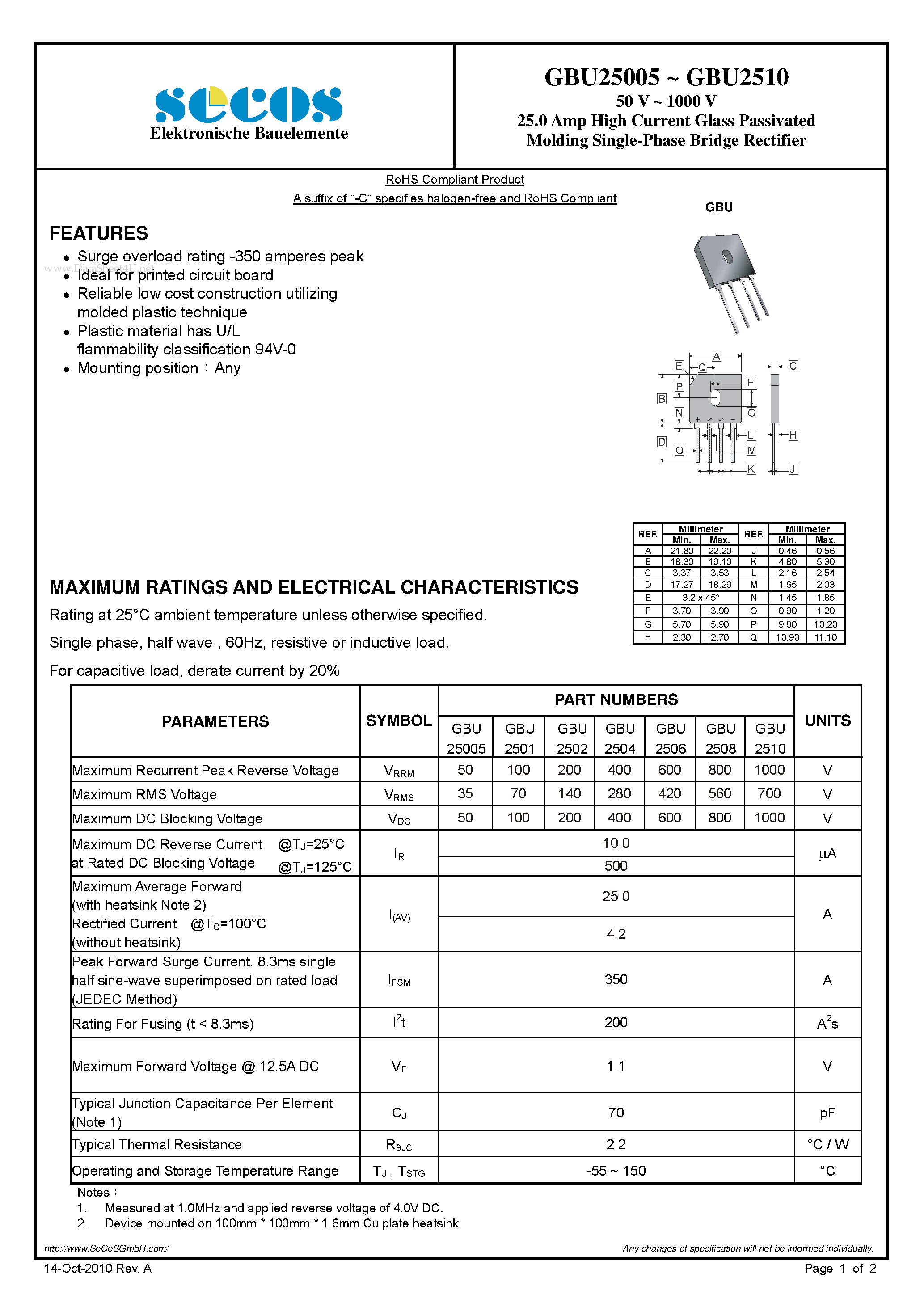 Datasheet GBU25005 page 1 Datasheet GBU25005 - (GBU25005 - GBU25010) Molding Single-Phase Bridge Rectifier page 1