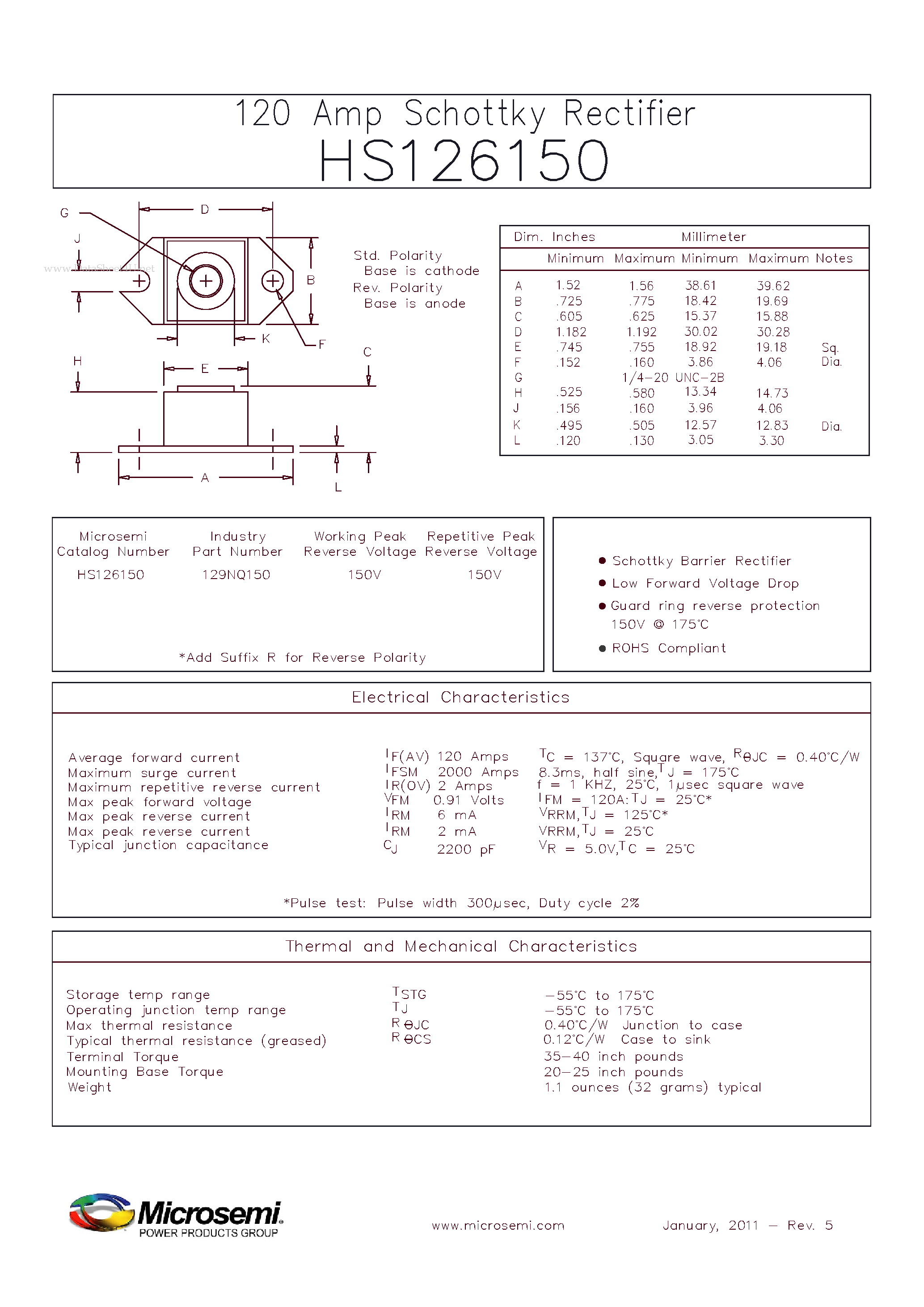 Datasheet HS126150 page 1 Datasheet HS126150 - 120 Amp Schottky Rectifier page 1