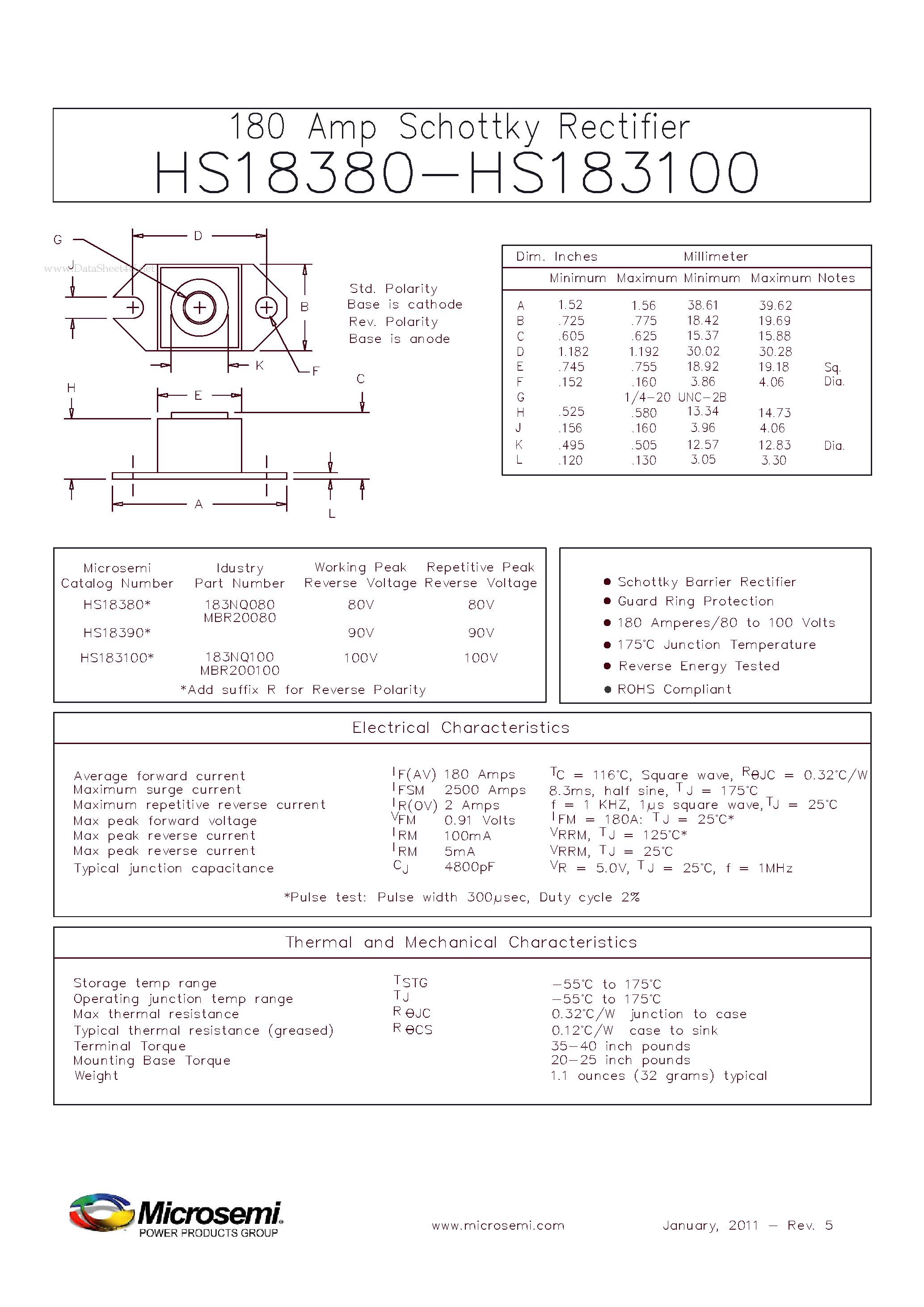 Datasheet HS183100 page 1 Datasheet HS183100 - (HS18380 - HS183100) 180 Amp Schottky Rectifier page 1