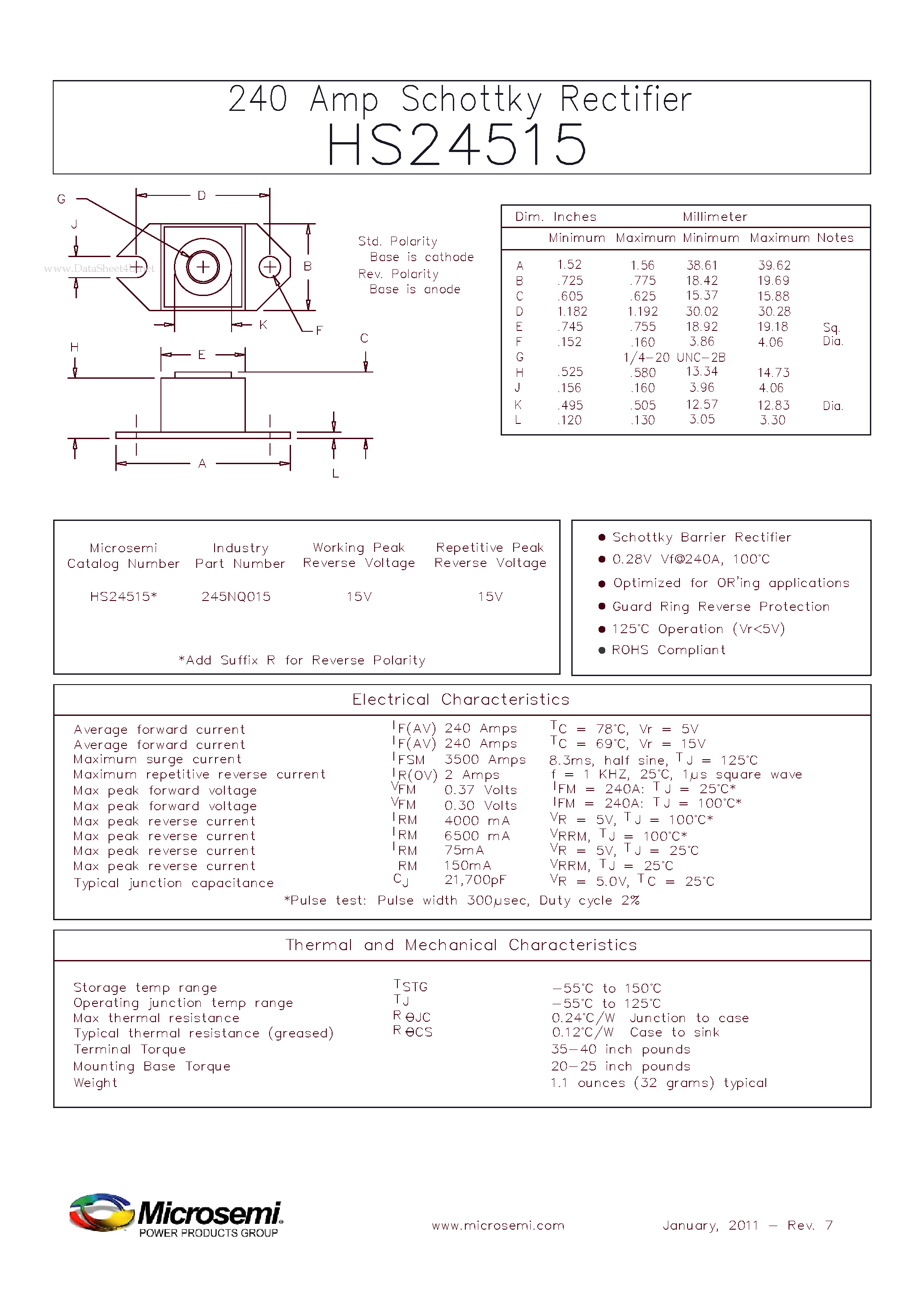 Datasheet HS24515 page 1 Datasheet HS24515 - 240 Amp Schottky Rectifier page 1