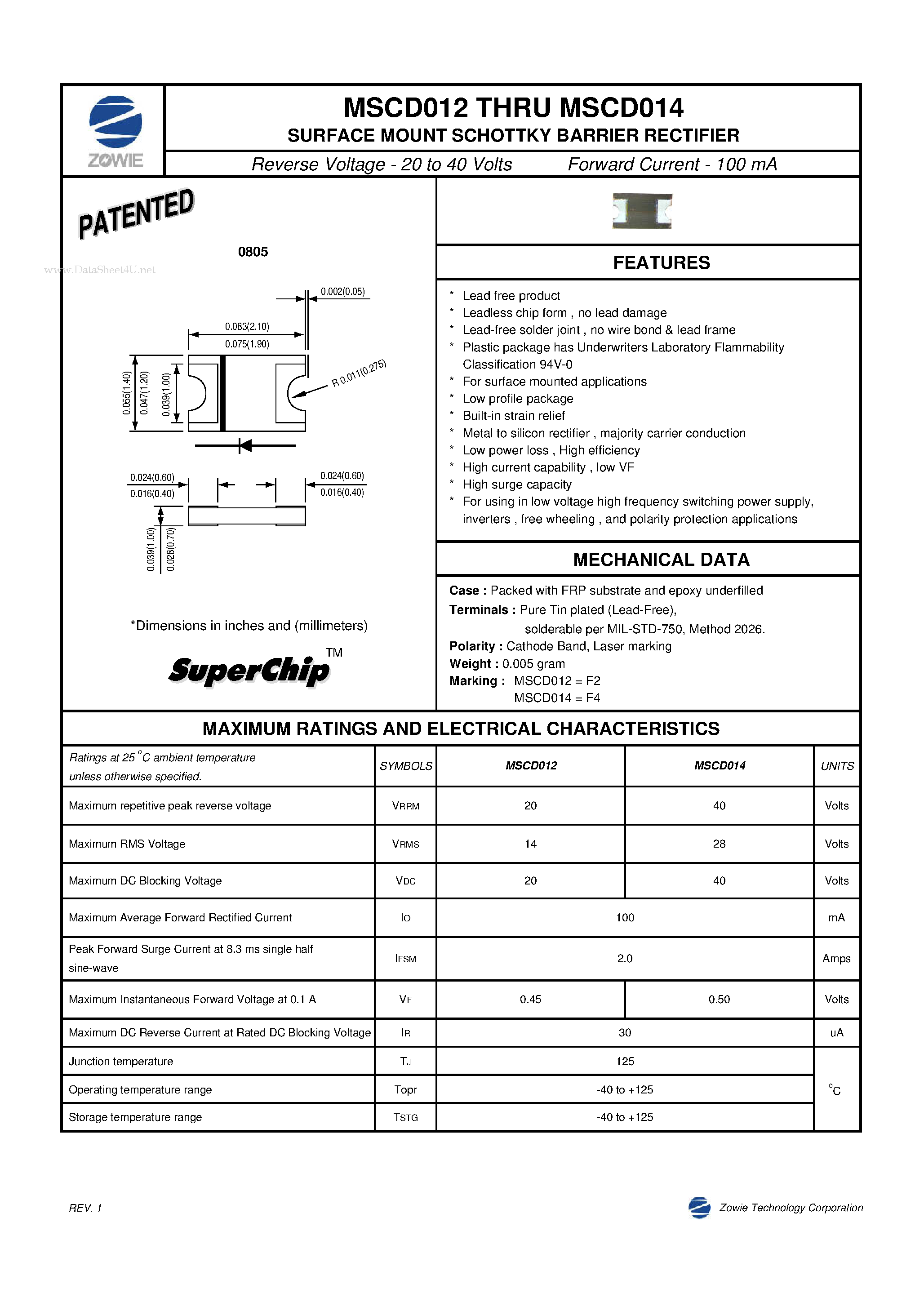 Даташит MSCD012 - (MSCD012 / MSCD014) SURFACE MOUNT SCHOTTKY BARRIER RECTIFIER страница 1