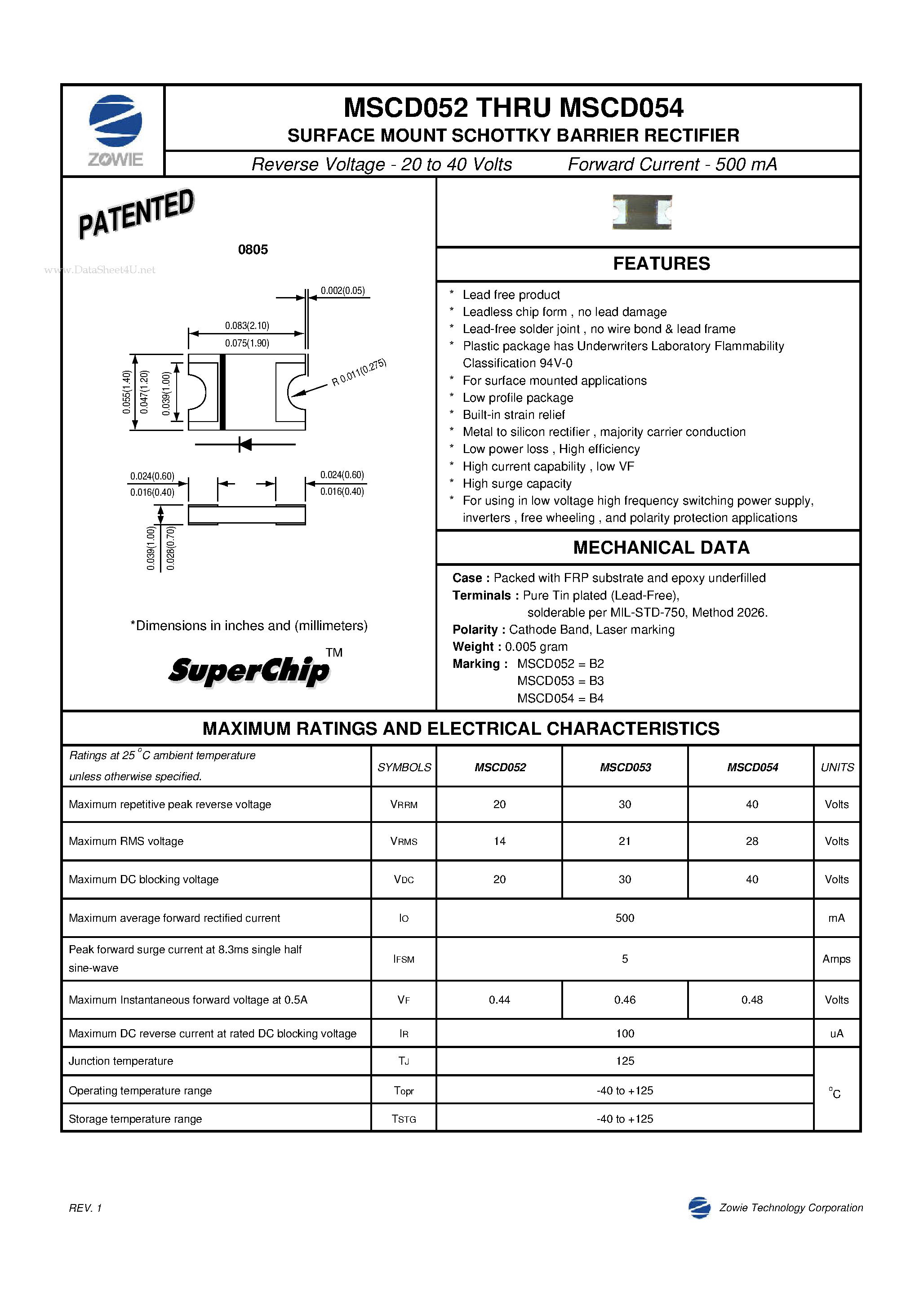 Даташит MSCD052 - (MSCD052 - MSCD054) SURFACE MOUNT SCHOTTKY BARRIER RECTIFIER страница 1