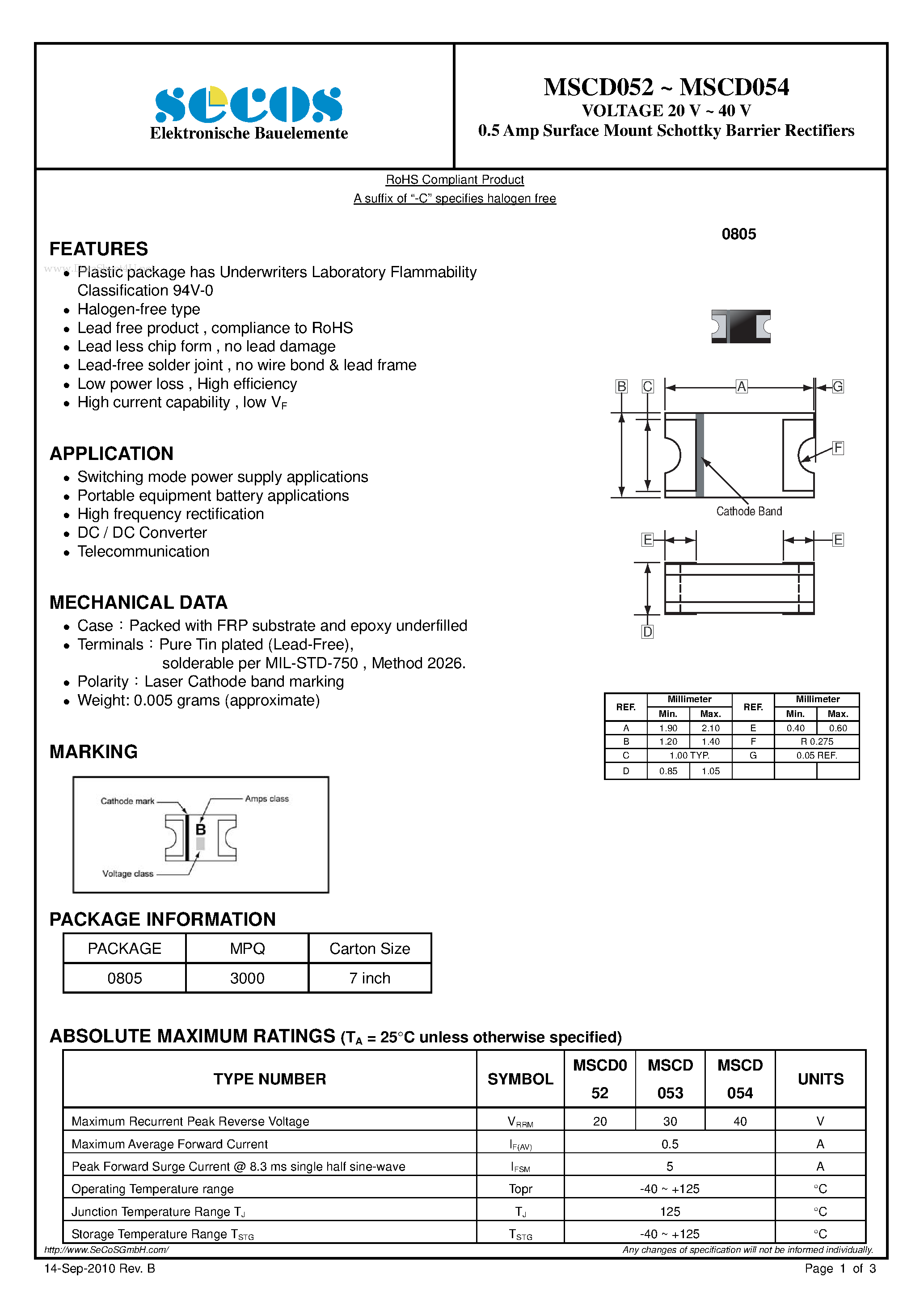 Datasheet MSCD052 - (MSCD052 - MSCD054) 0.5 Amp Surface Mount Schottky Barrier Rectifiers page 1