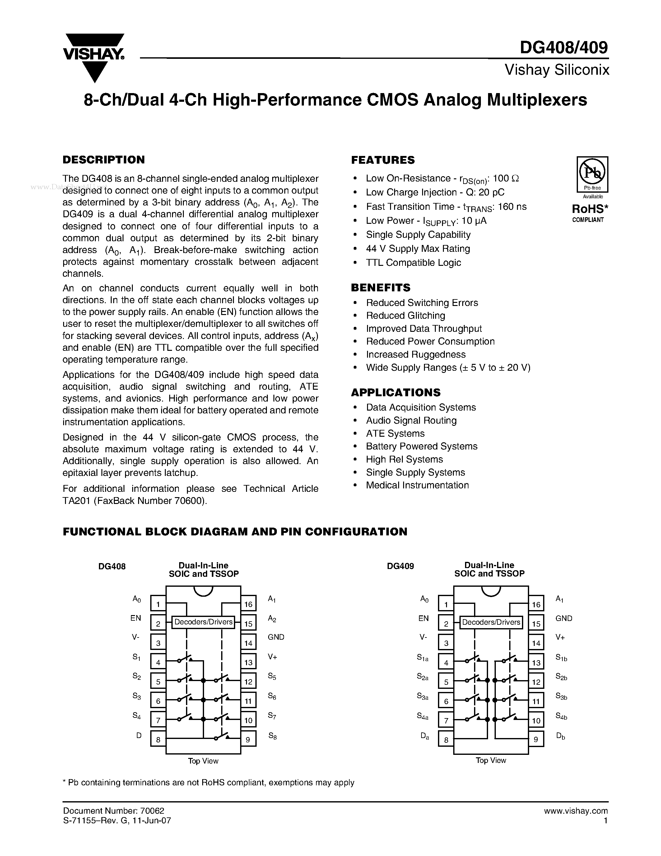 Даташит на микросхему DG409 страница 1 Даташит DG409 - (DG408 / DG409) 8-Ch/Dual 4-Ch High-Performance CMOS Analog Multiplexers страница 1