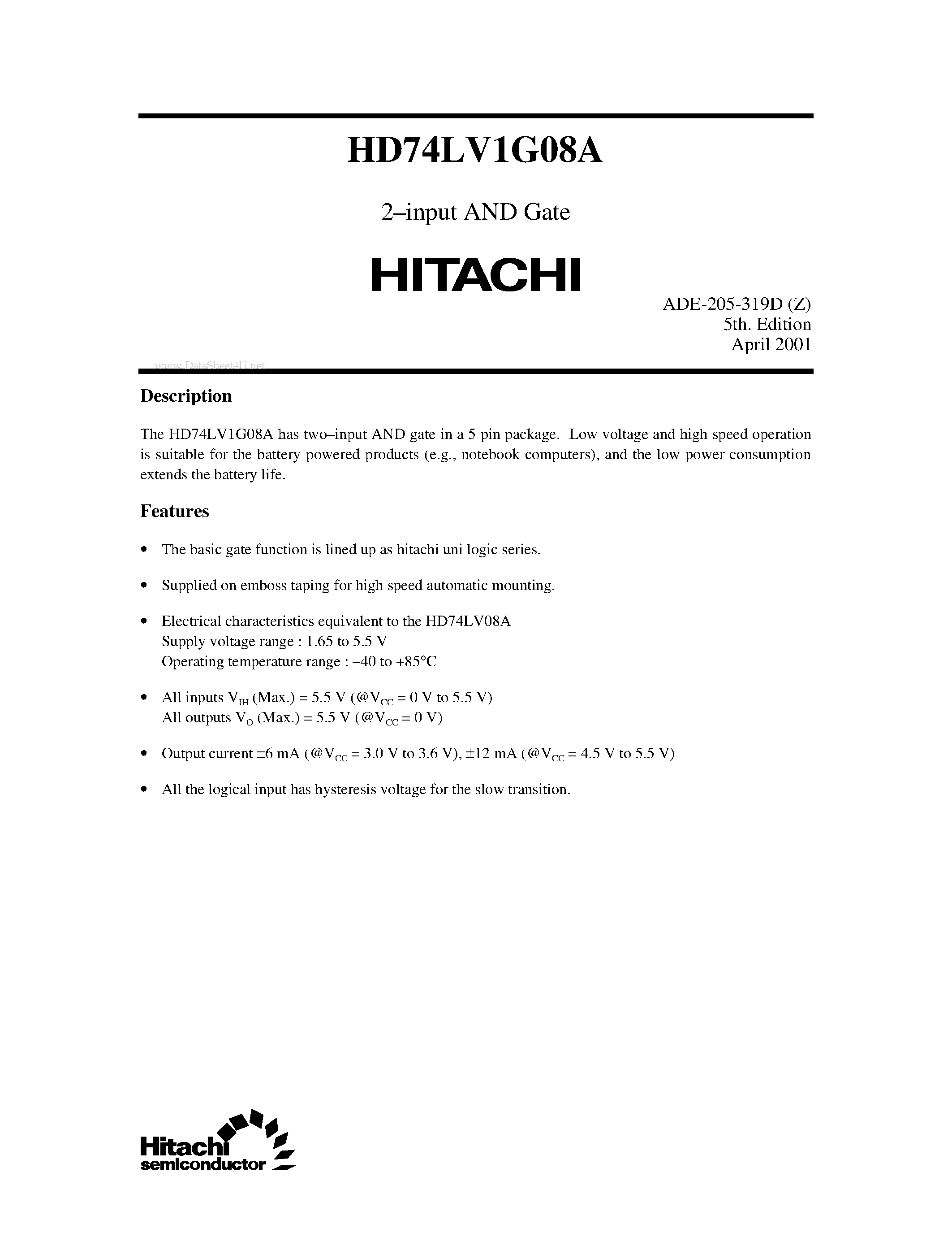 Даташит HD74LV1G08A - 2-input AND Gate страница 1