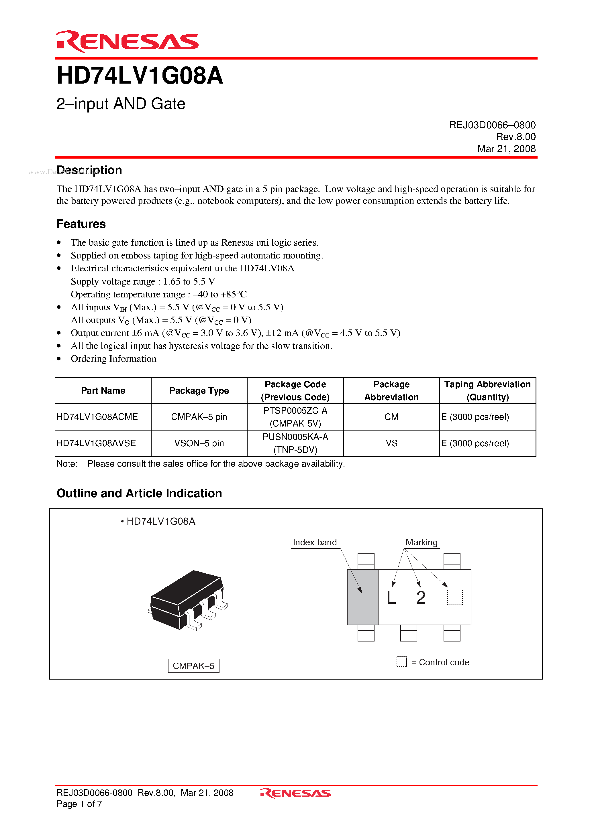 Даташит на микросхему HD74LV1G08A страница 1 Даташит HD74LV1G08A - 2-input AND Gate страница 1