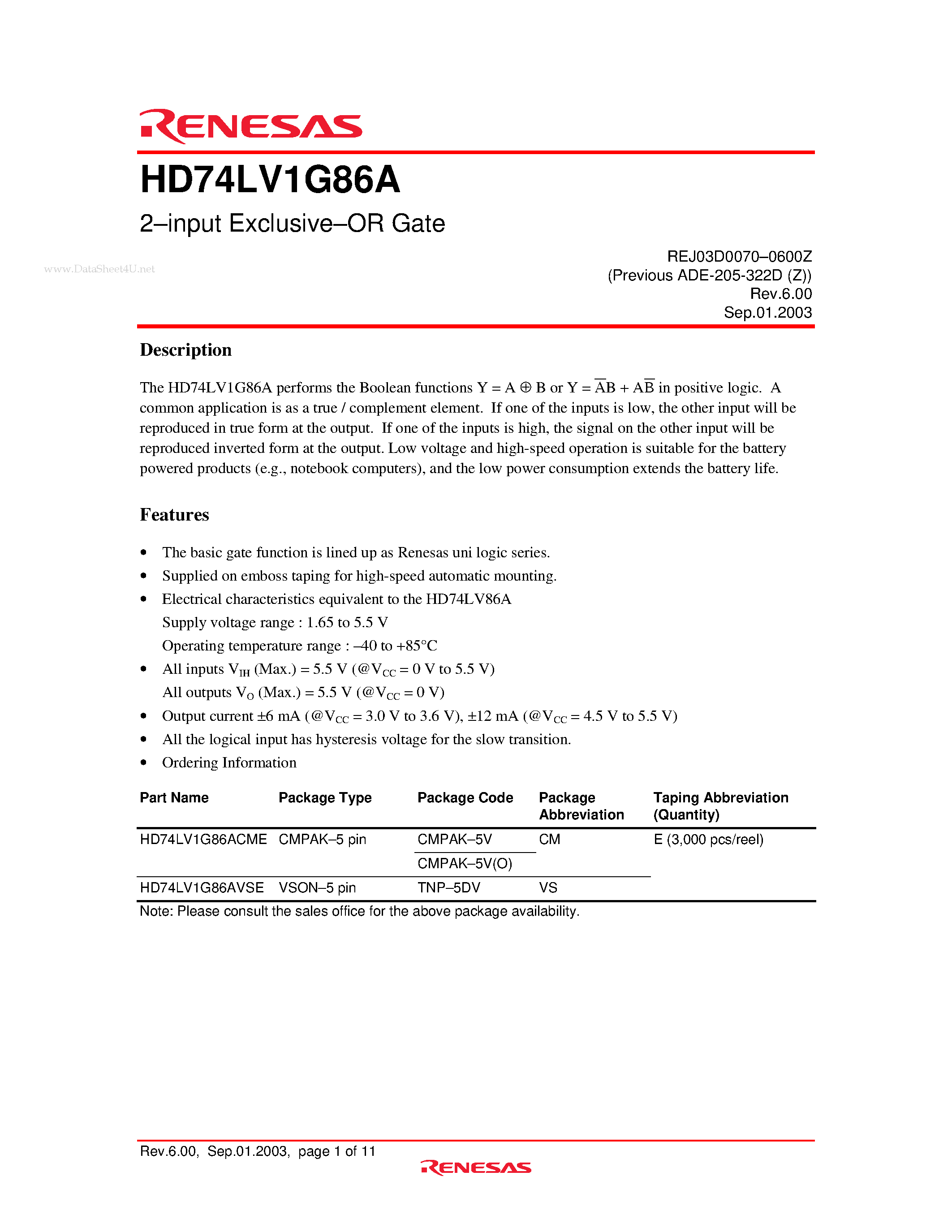 Даташит HD74LV1G86A - 2-input ExclusiveOR Gate страница 1