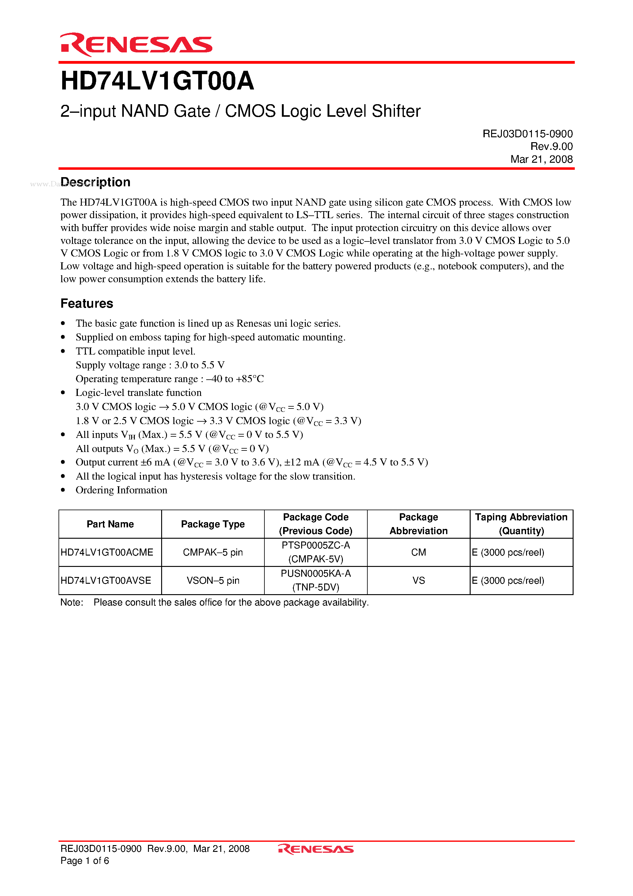 Даташит HD74LV1GT00A - 2-input NAND Gate / CMOS Logic Level Shiftereg страница 1