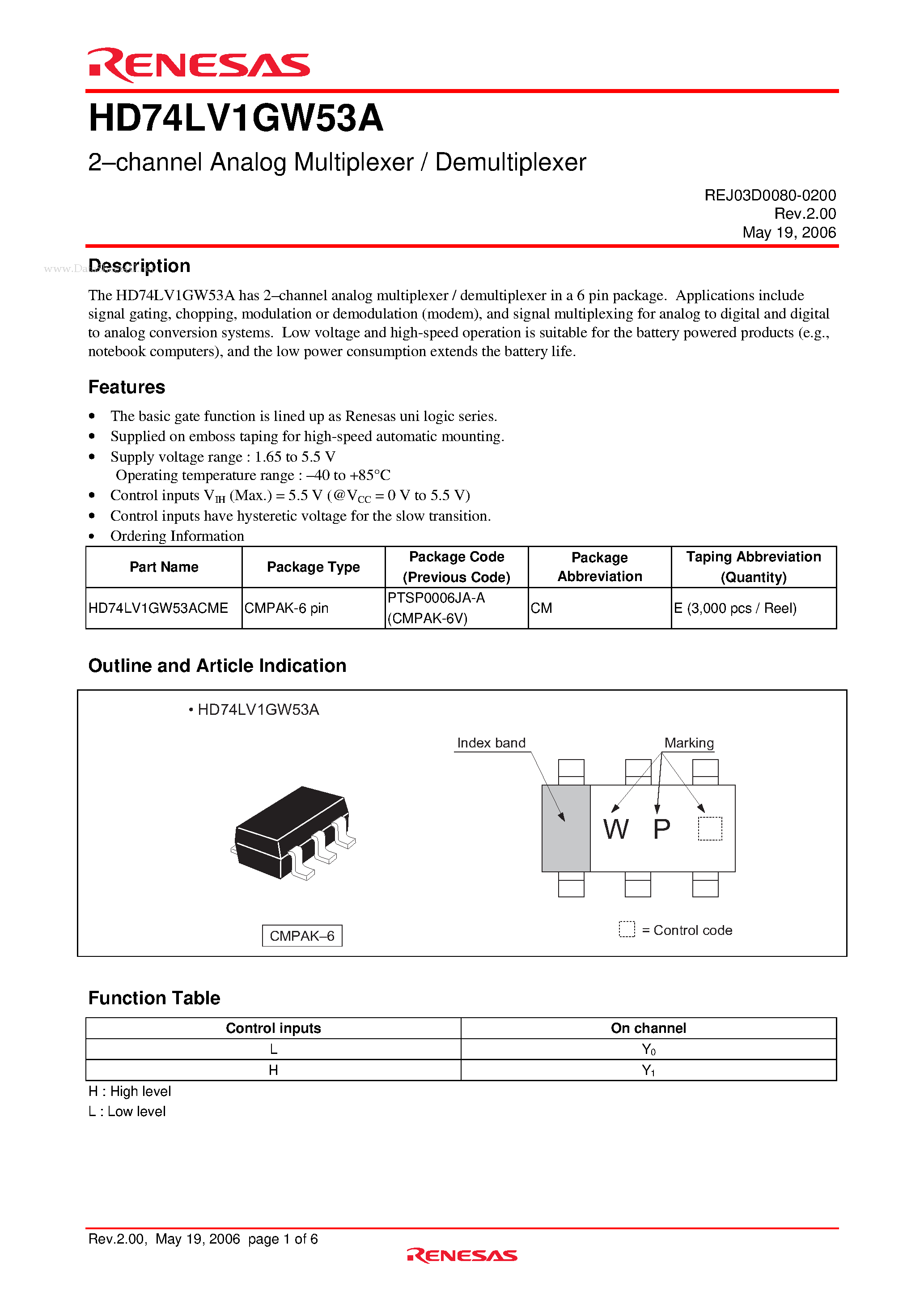 Даташит на микросхему HD74LV1GW53A страница 1 Даташит HD74LV1GW53A - 2-channel Analog Multiplexer / Demultiplexer страница 1
